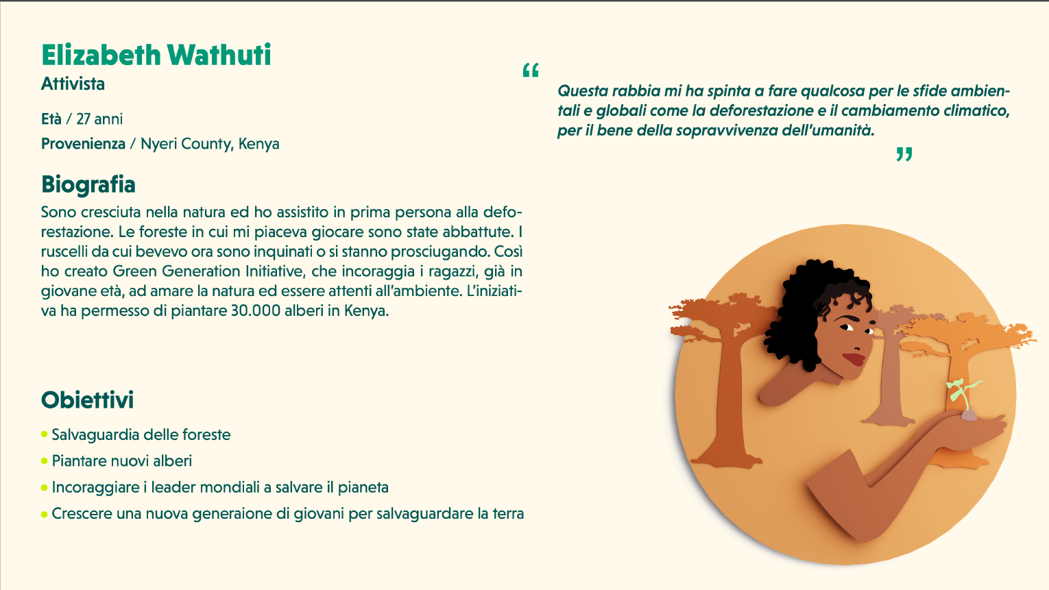 Giovane donna nera con capelli ricci, che tiene una piantina in mano, con un paesaggio di alberi e il sole sullo sfondo