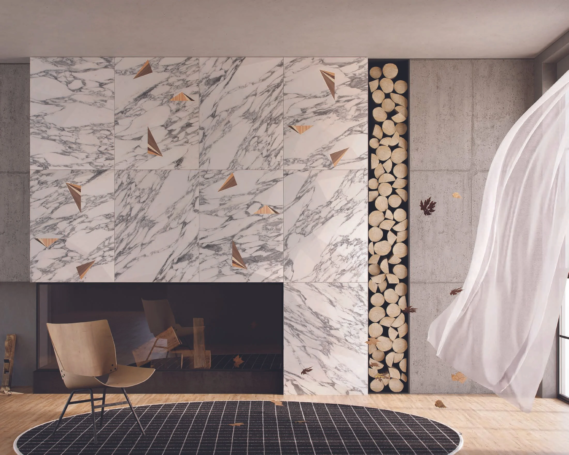 Interno moderno con camino, parete decorativa in marmo con incisioni di foglie di quercia, stufa a legna con legnaia integrata, sedia in legno e tappeto nero con griglia bianca, tendina bianca che soffia dalla finestra.