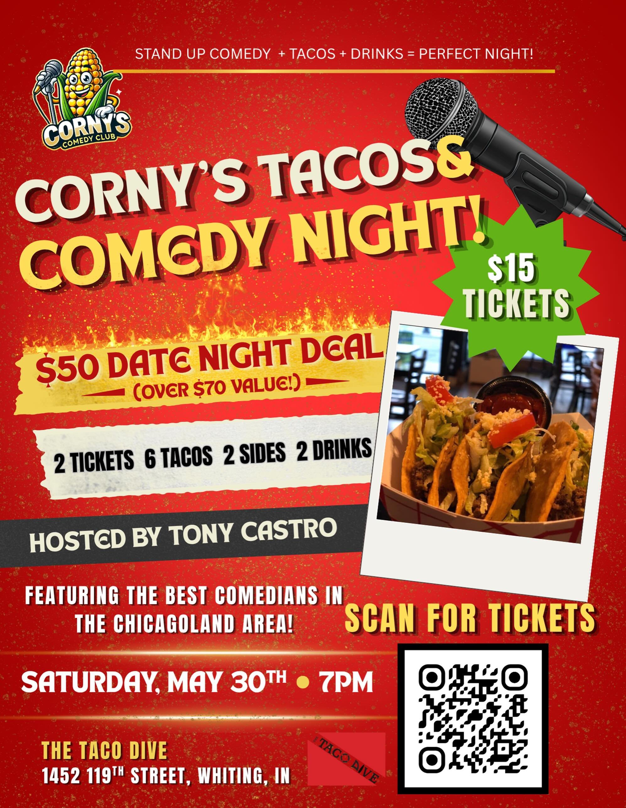 Date night plans? We got you 🌮😂

This Saturday at Taco Dive, grab our Dinner &amp; A Show Taco Bundle and enjoy a night full of tacos, drinks, and laughs! Bring your partner, your situationship, or your favorite third wheel and make a night of it.
