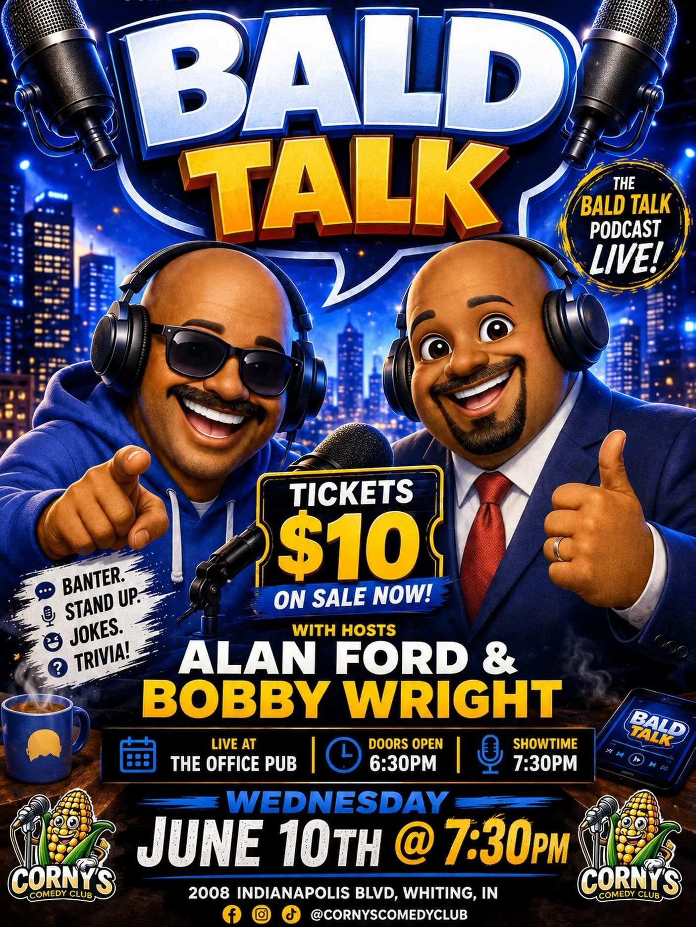 🎤 One week away!

Our monthly comedy show at The Office Pub is back with a twist! We&rsquo;ve partnered with the Bald Talk Podcast to bring their energy live to the stage with stand-up comedy, banter, audience interaction, and even some trivia.

Joi