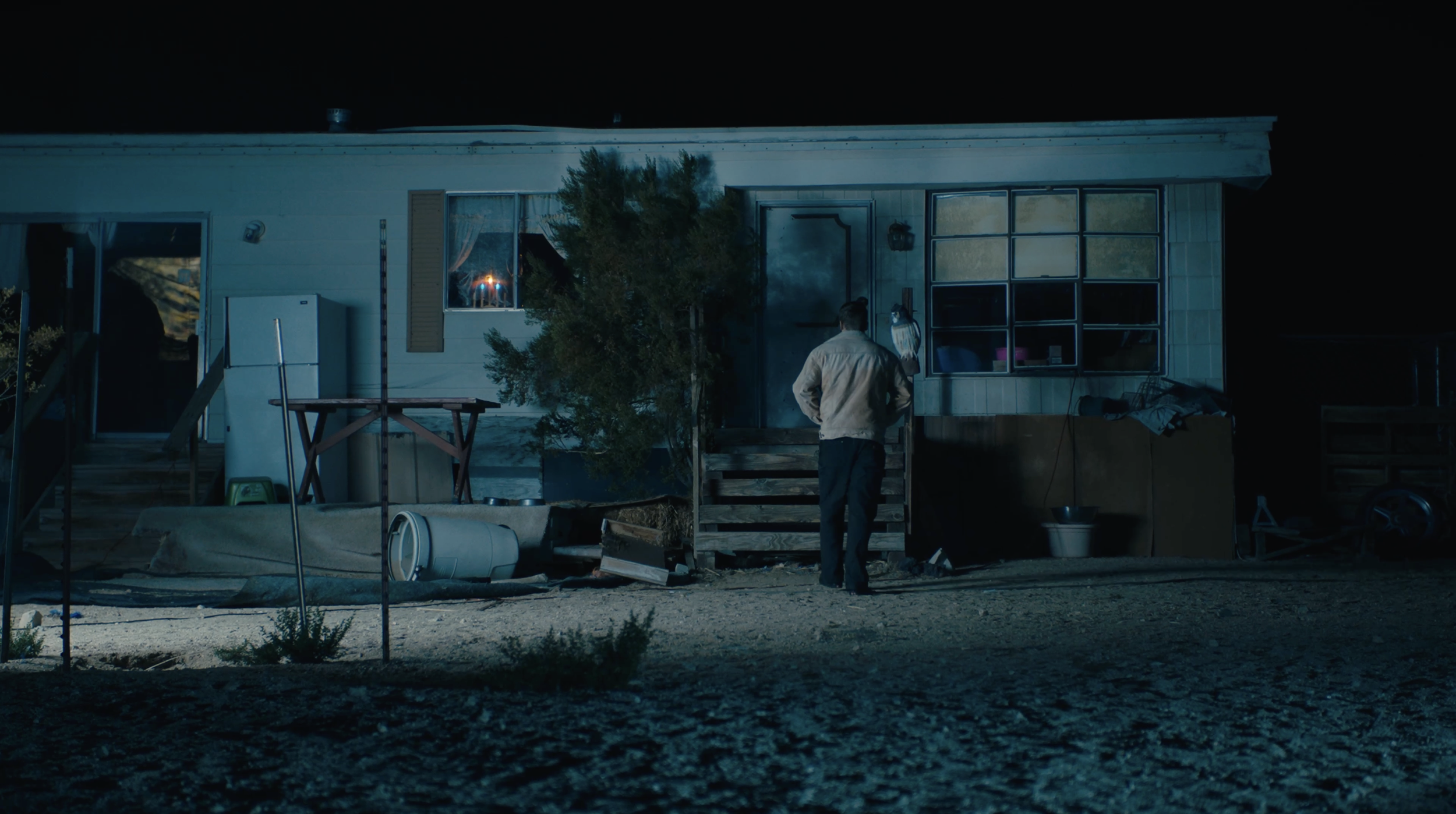 A man standing outside a small house at night, facing the front door, with a gray cat perched on his shoulder. The house has a wooden staircase leading to the door, and there are various objects scattered around the yard, including a white refrigerat