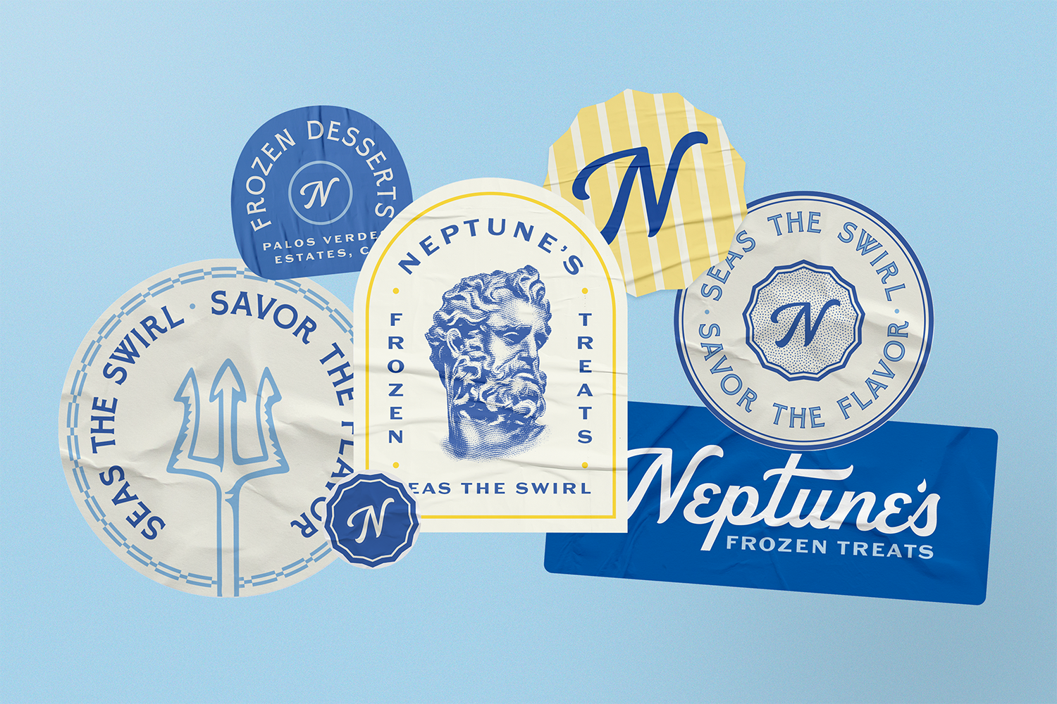Collection of Neptune's frozen treats logos and packaging designs featuring blue, white, and yellow color schemes, with slogans like 'Savor the flavor' and 'Seas the swirl.'