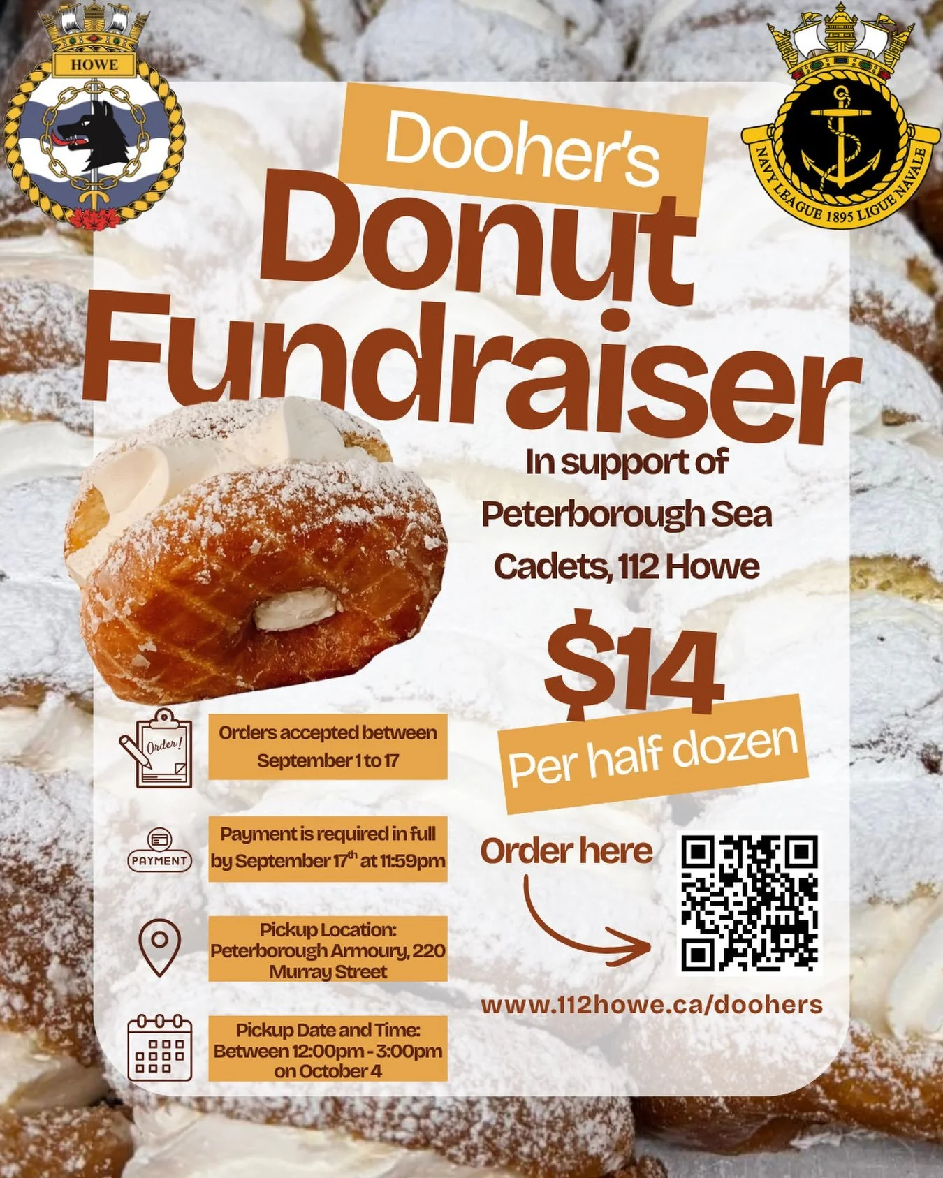 🍩 DOOHER&rsquo;S DONUT FUNDRAISER 🍩

We are excited to be selling Dooher&rsquo;s famous cream filled donuts! Orders are being accepted from now until September 17th! 

Pickup will be on October 4th at the Peterborough Armoury between 12-3PM

Help s