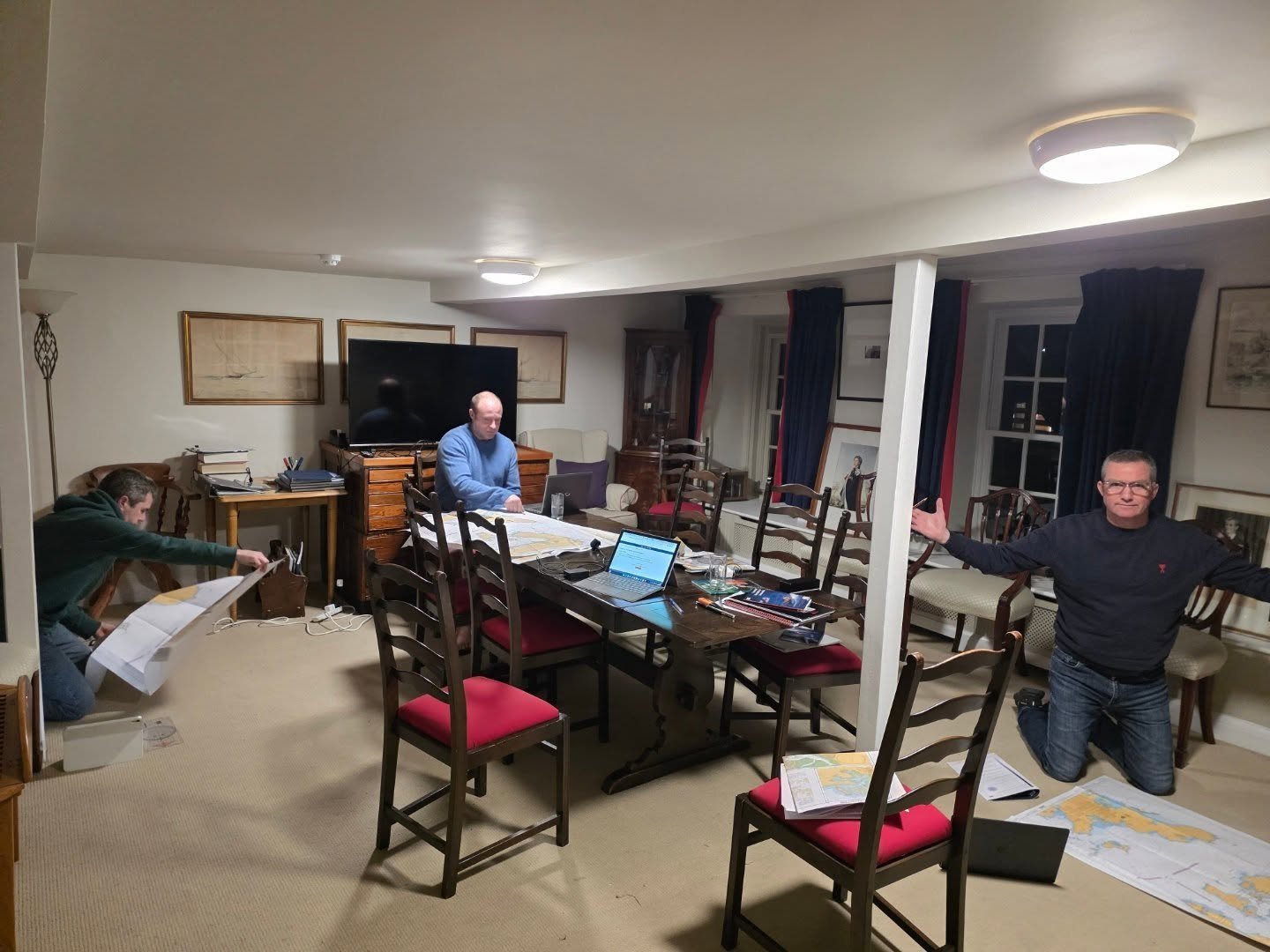 Aardvarks at work.  First Aid done today, and now tackling the navigation course.  Huge thanks to Royal Southern Yacht Club in Hamble for looking after us so well and giving use of their grand Chart Room.