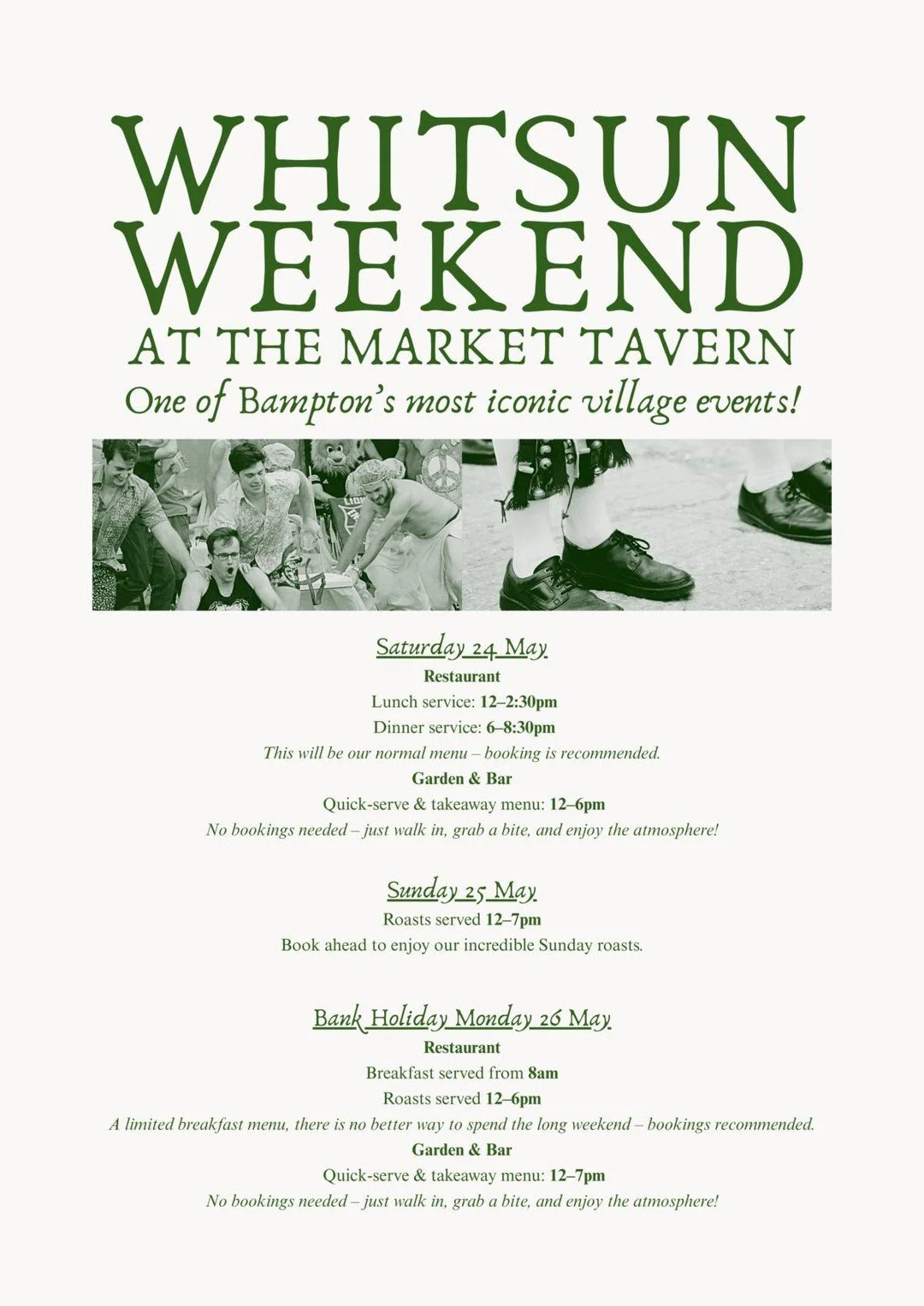 WHITSUN WEEKEND starts today at The Market Tavern! 🍻
One of Bampton&rsquo;s most iconic village events is here and we&rsquo;re ready for a weekend of great food, cold drinks, and unbeatable vibes.
ㅤ
Today (Sat): Lunch &amp; dinner in the restaurant 