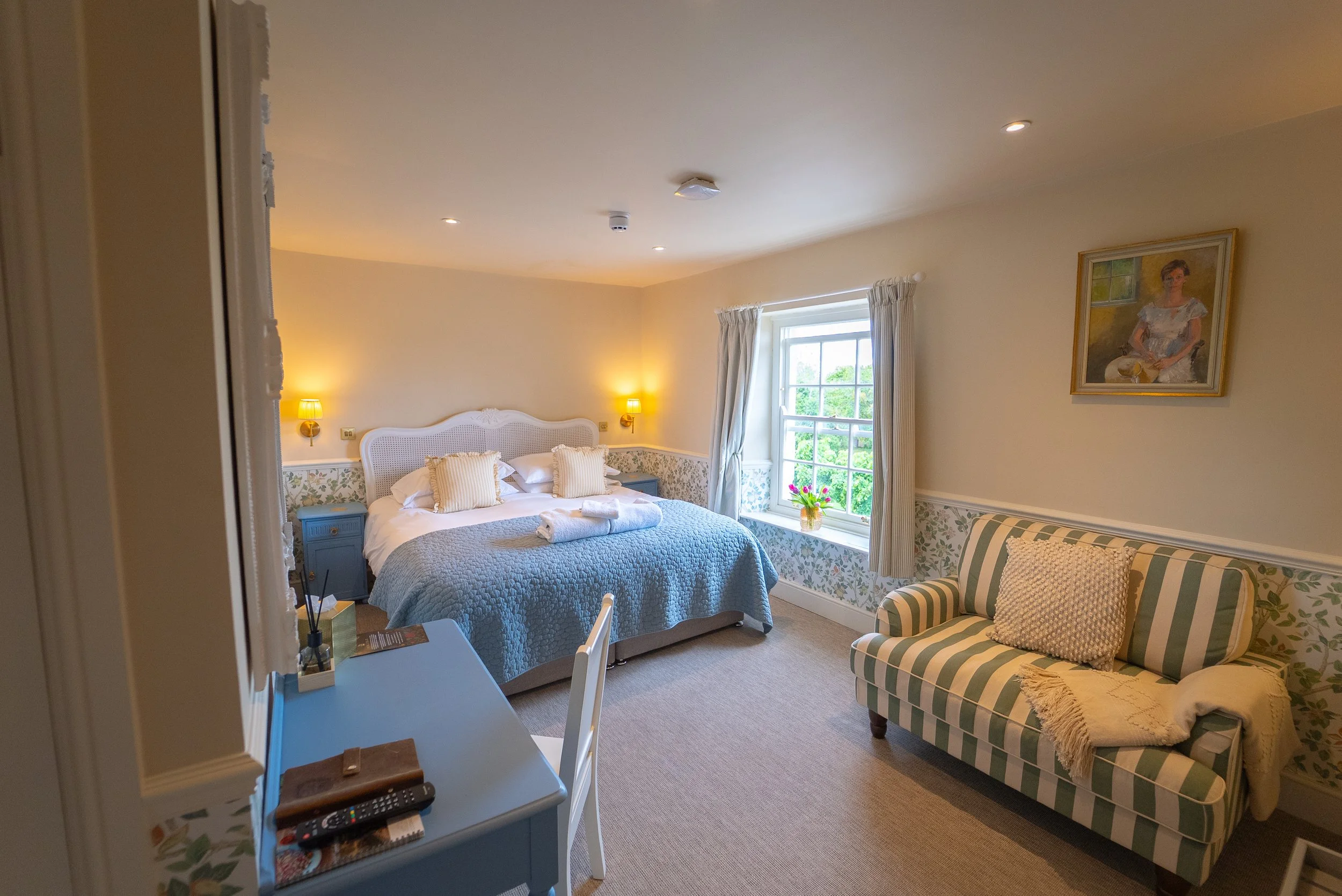 ROOM 7- DESCRIPTION: Room type= Superior Double or Twin Room. Super-king bed, can be twinned. Second floor. Located at the front, village facing. Walk-in shower. This room is 'Twin/Double' when booked as the 2-bedroom private suite. See floorplan 
