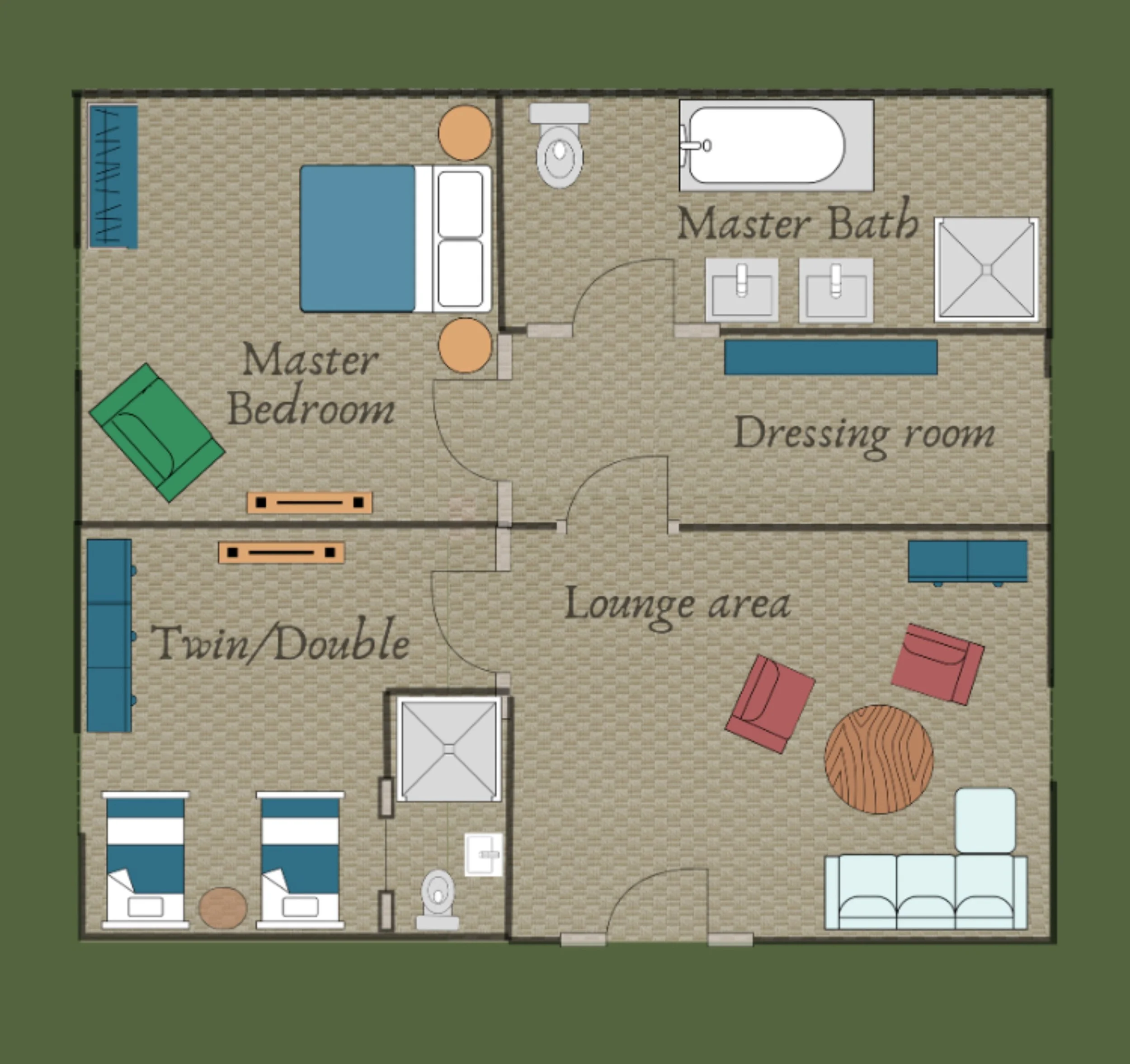 TWO-BEDROOM SUITE FLOORPLAN- Rooms 7 & 8 interconnect via the lounge. Room 8 is 'Master Bedroom', Room 7 is 'Twin/Double'. Both rooms can be booked on their own as private lockable rooms.