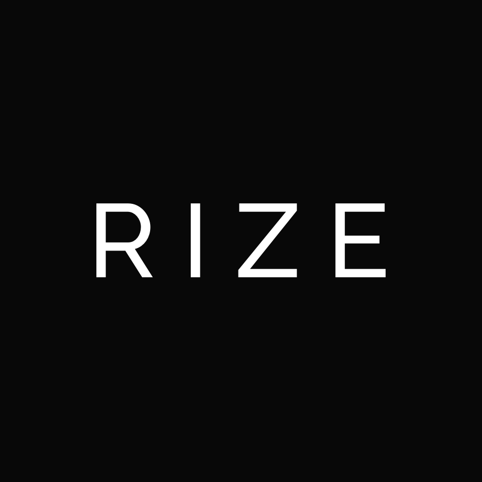 Black background with white text spelling 'RIZE' in the center.