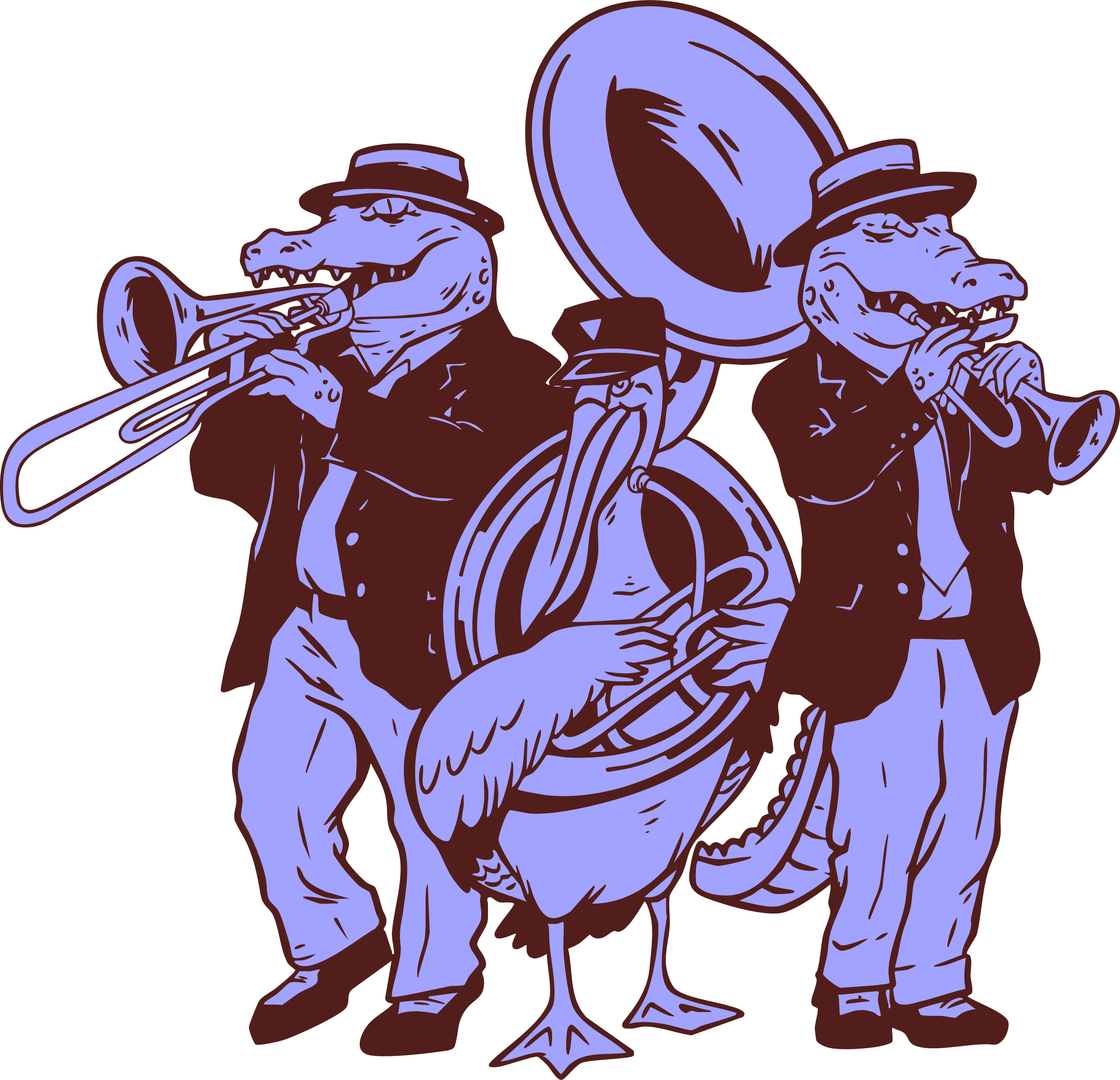 Illustration of two alligators and a pelican dressed in suits playing brass instruments like a trombone, sousaphone, and trumpet.