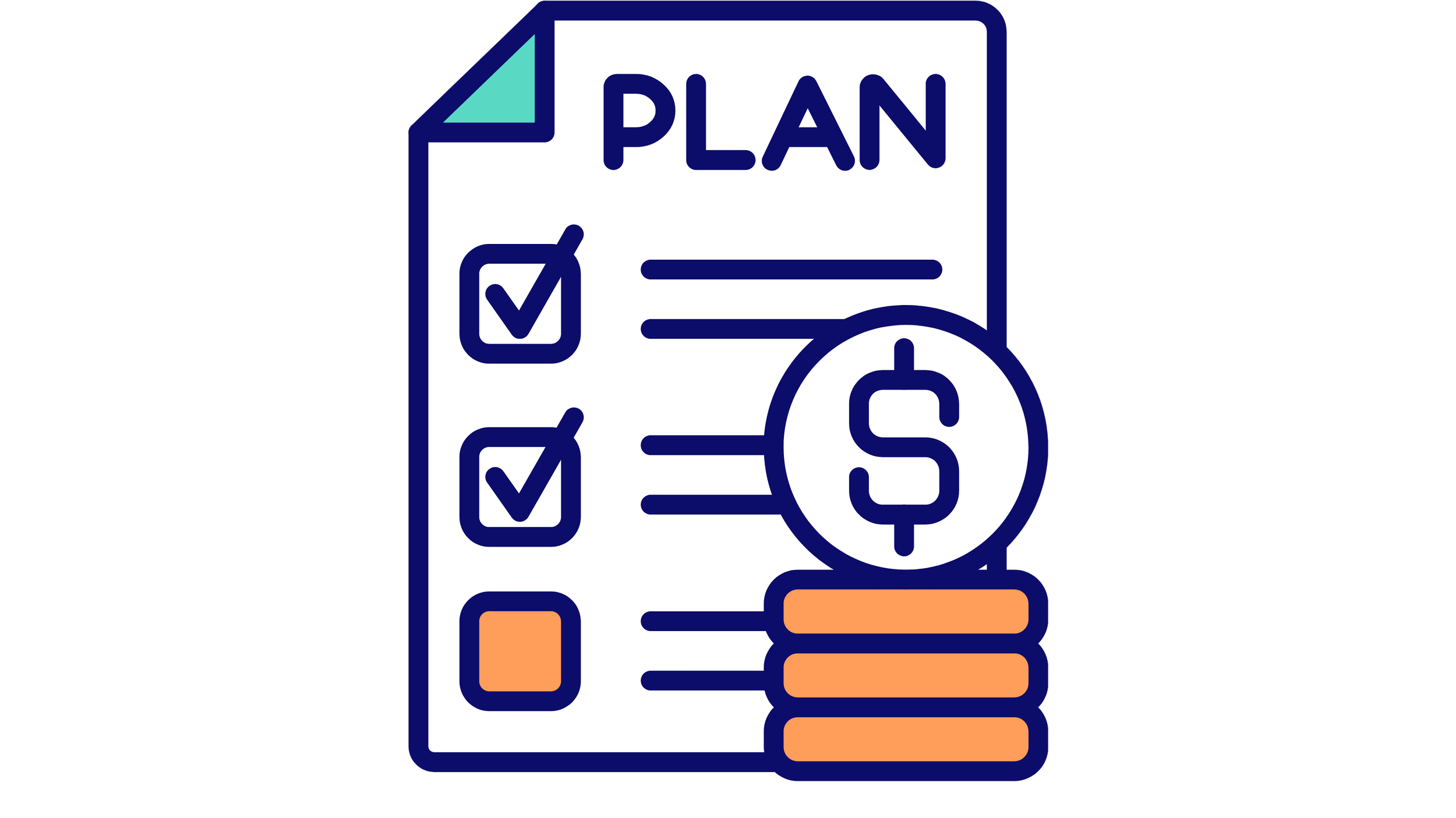 Illustration of a financial plan document with checkboxes and a dollar sign symbol in front of stacked coins, representing budgeting or planning.