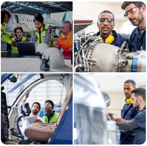 Collage of four images showing engineers and technicians working on aircraft and jet engines, wearing safety gear and using technical equipment.