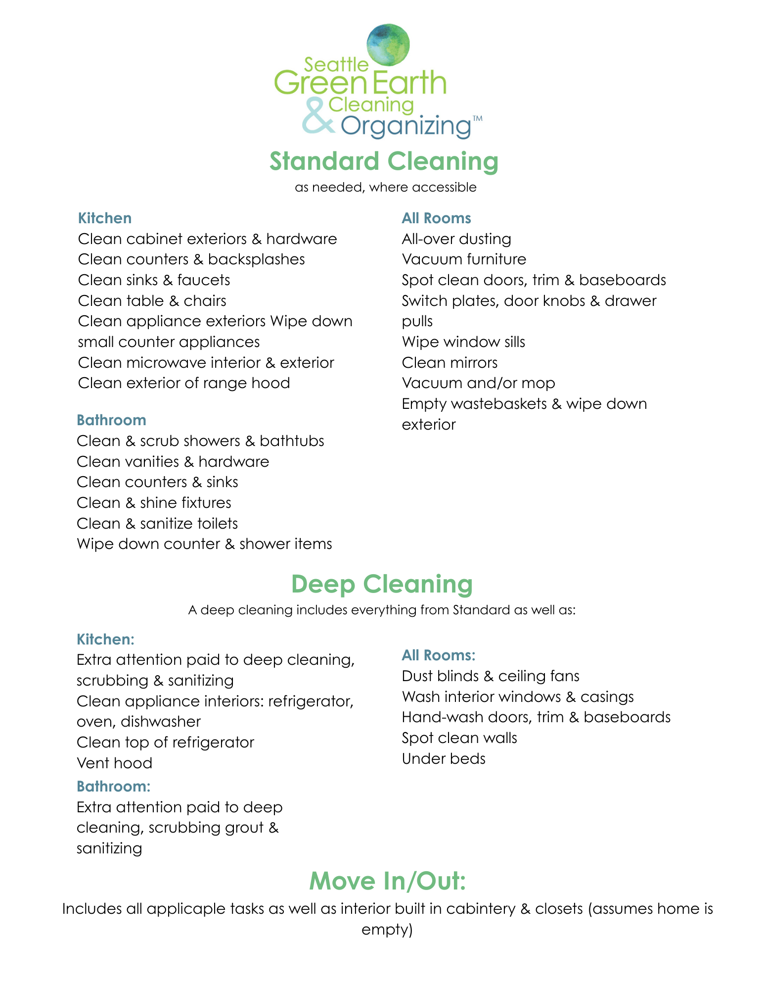 Guide to standard cleaning and deep cleaning for a home, including specific tasks for kitchen, bathroom, all rooms, and moving in or out.