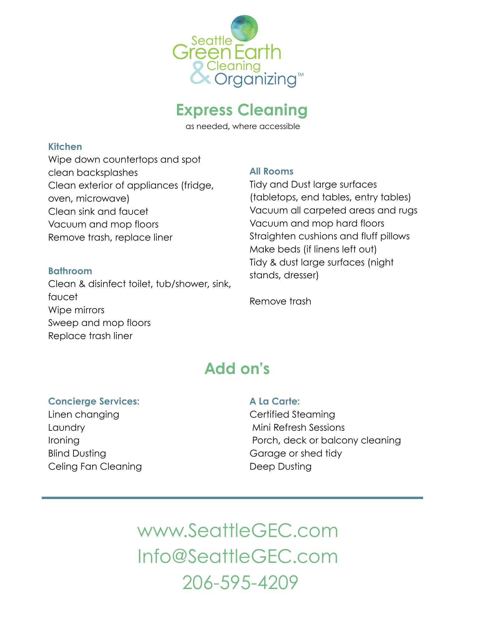 Green Earth Cleaning logo with a watercolor illustration of the Earth, followed by contact information and cleaning service details for Seattle Green Earth Cleaning.