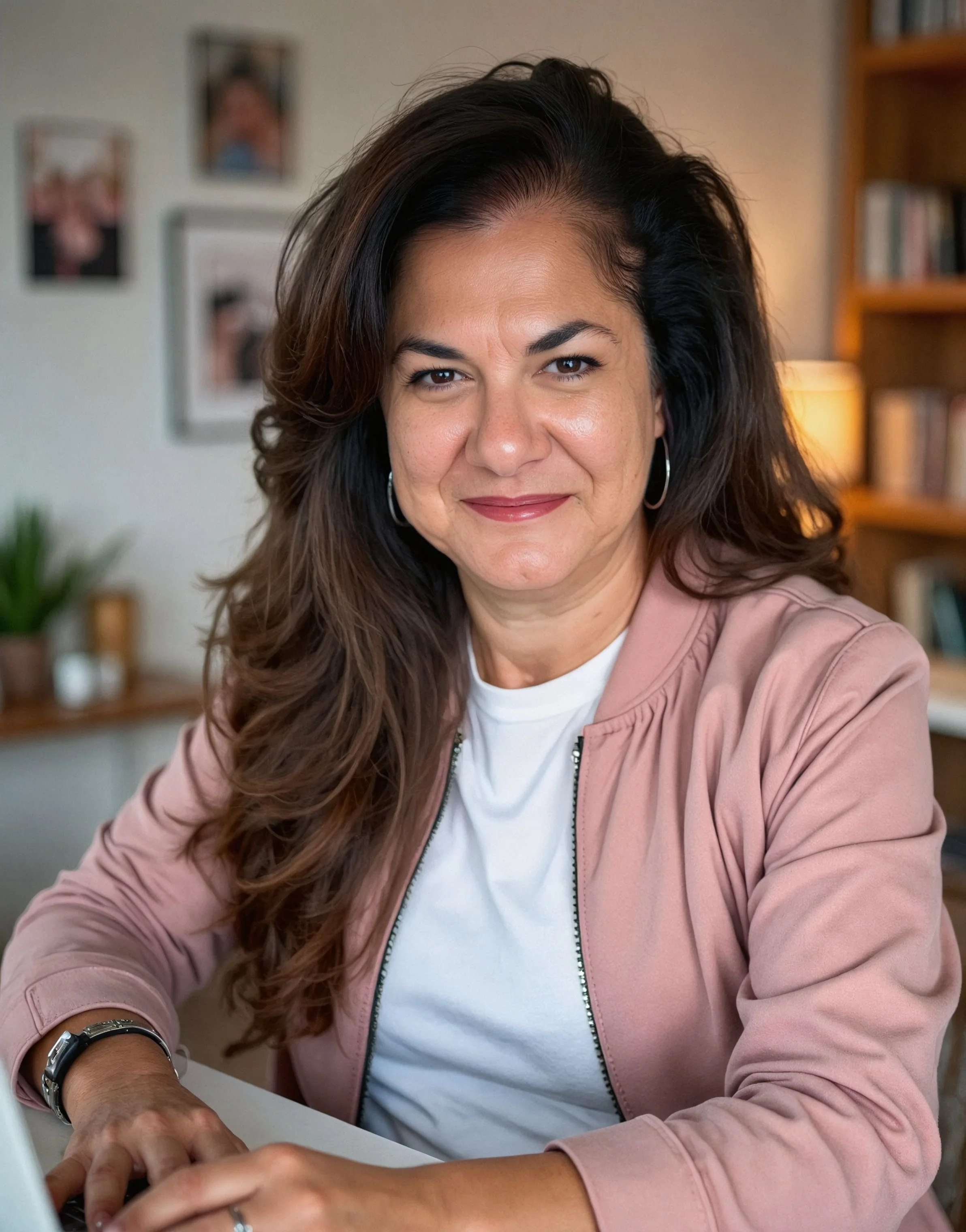 A woman with dark hair and earrings sitting at a table, smiling at the camera with a living room background.