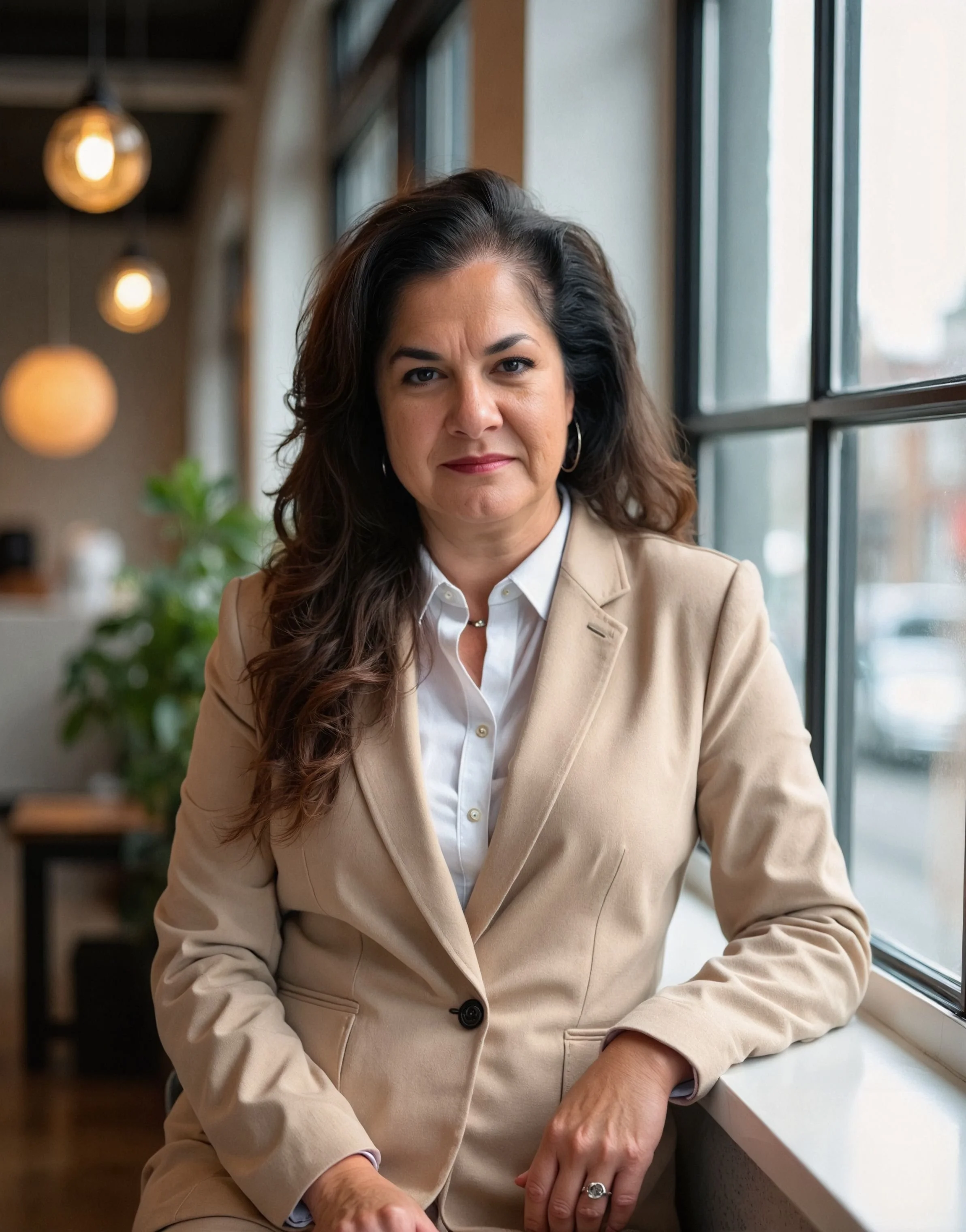 Nancy Cramer, Divorce and Career Coach, with dark brown, wavy hair, sitting by a large window in a modern space, wearing a beige blazer and white shirt, with a serious expression.