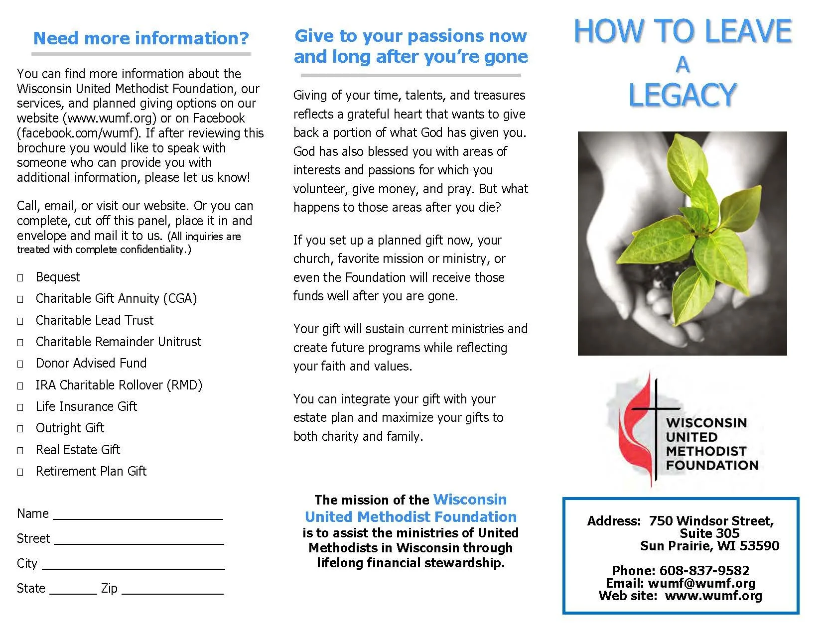 Brochure for the Wisconsin United Methodist Foundation with information on giving options, a photo of a hand holding a small green plant, and contact details for the foundation.