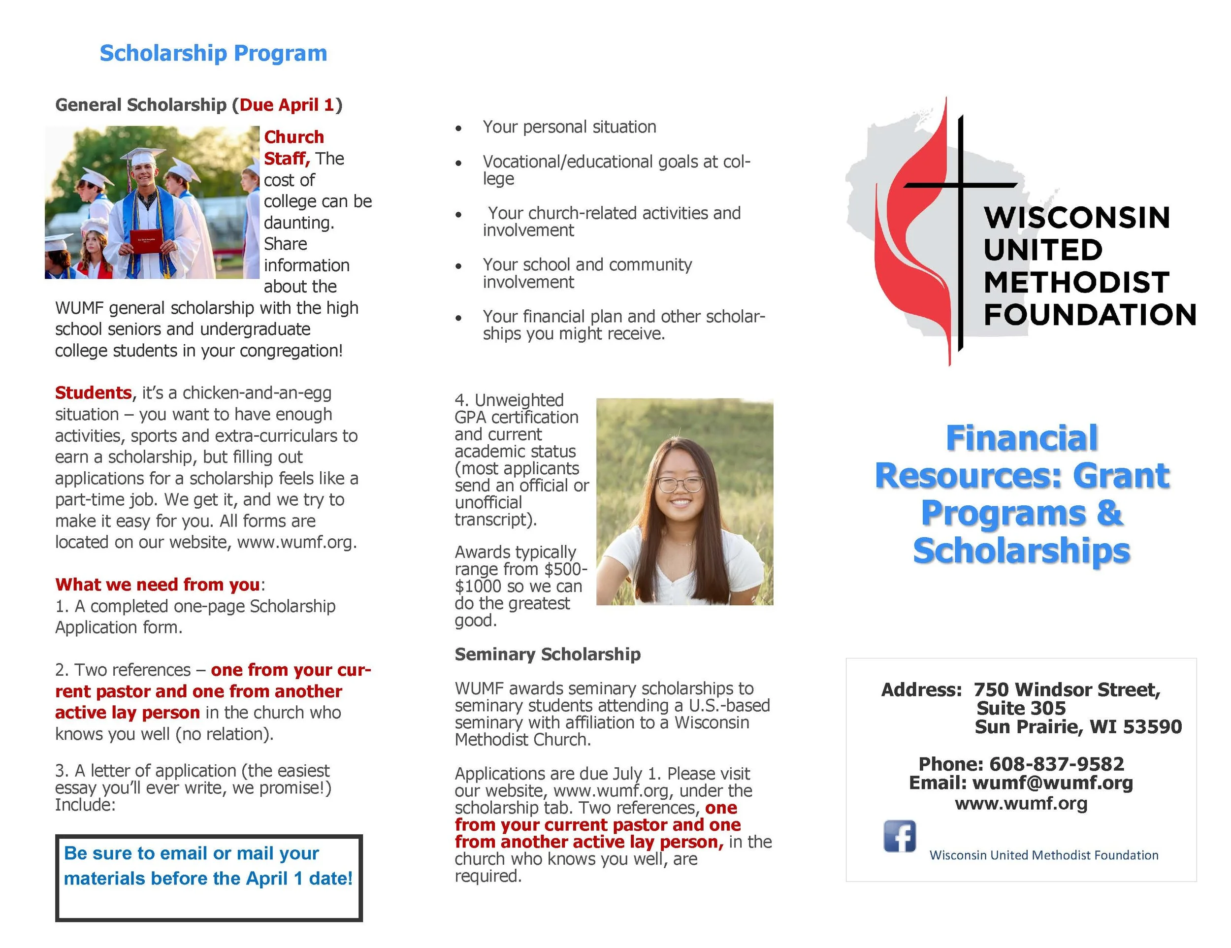 Information about scholarship programs from the Wisconsin United Methodist Foundation, including details about general scholarships, financial resources, and application requirements, with a photo of students in graduation caps and gowns.