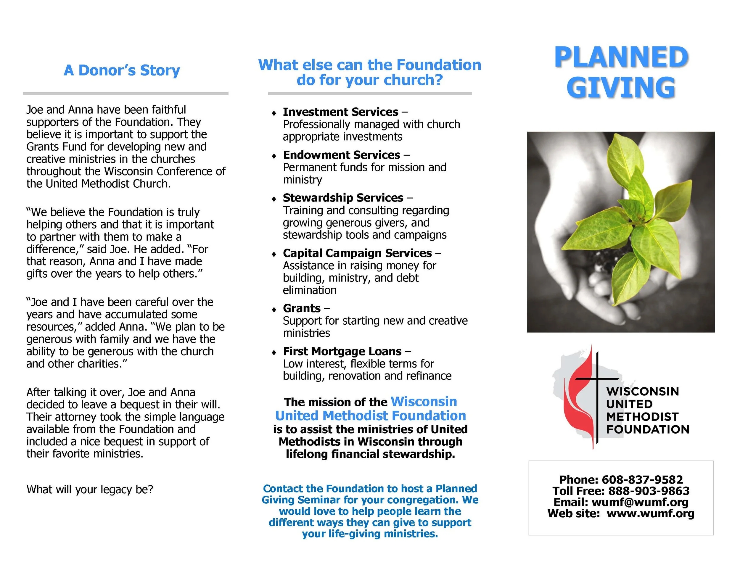 A brochure for the Wisconsin United Methodist Foundation discussing planned giving, with sections on donors' stories, foundation services, and contact information, featuring an image of a green plant sprouting in a white container and a logo with red and black design.
