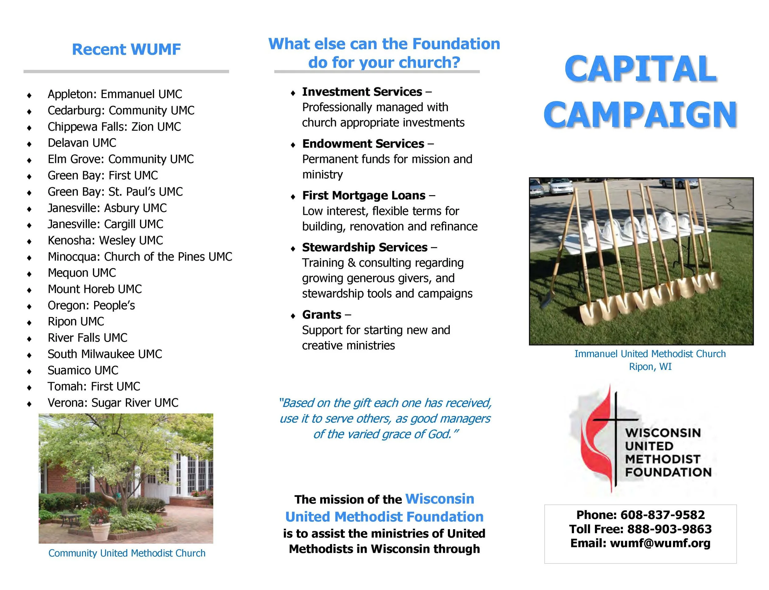 Flyer with text and images about Wisconsin United Methodist Foundation. It includes a list of recent WUMF church locations, a photo of shovels and hard hats at a church, an image of a church entrance, and the foundation's contact information.