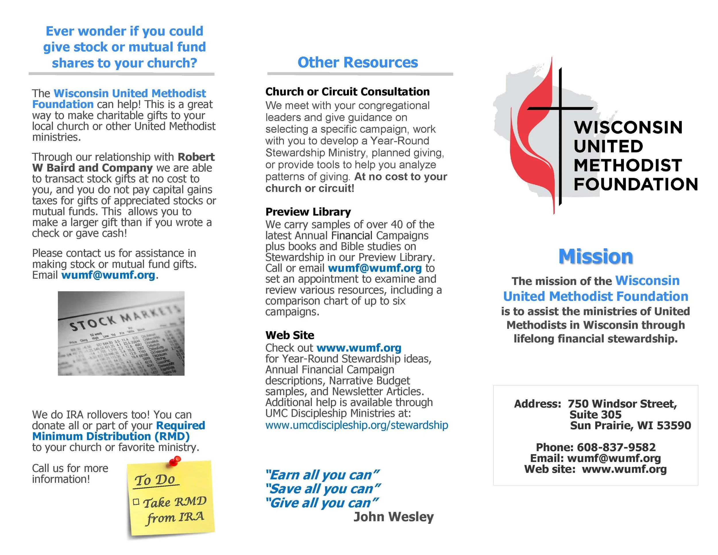 Flyer from the Wisconsin United Methodist Foundation with information about stock or mutual fund giving, resources, and contact details. Features logo, mission statement, and address.
