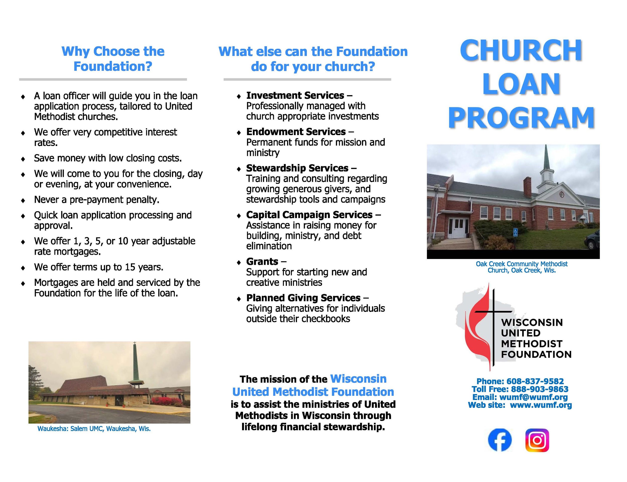Tri-fold brochure for the Wisconsin United Methodist Foundation's church loan program, featuring information about benefits, services offered, a church building image, foundation logo, and contact details.