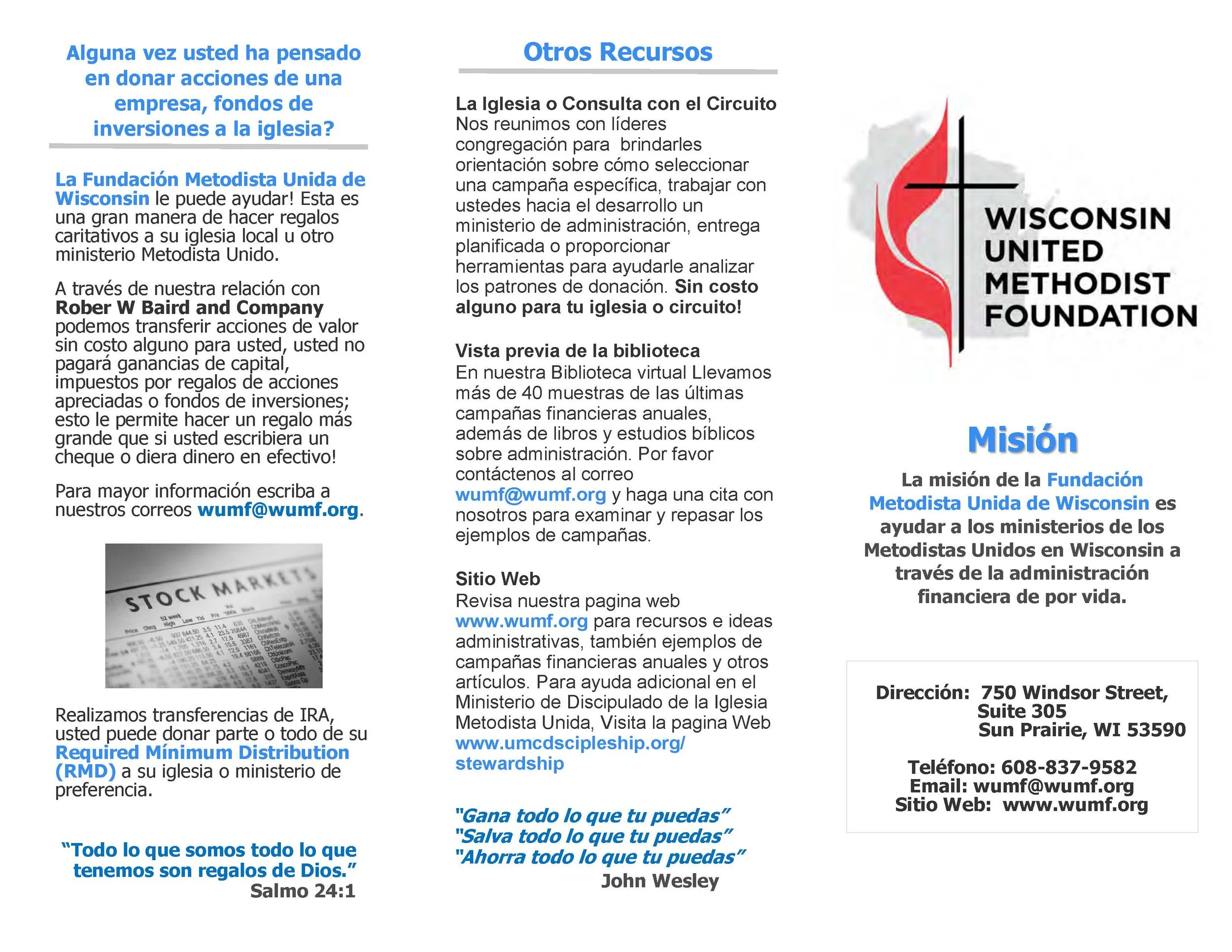 Triptych flyer from the Wisconsin United Methodist Foundation, with Spanish text describing charitable donation options, resources, mission statement, address, and contact information, including a logo with a cross and flames in red, black, and white.