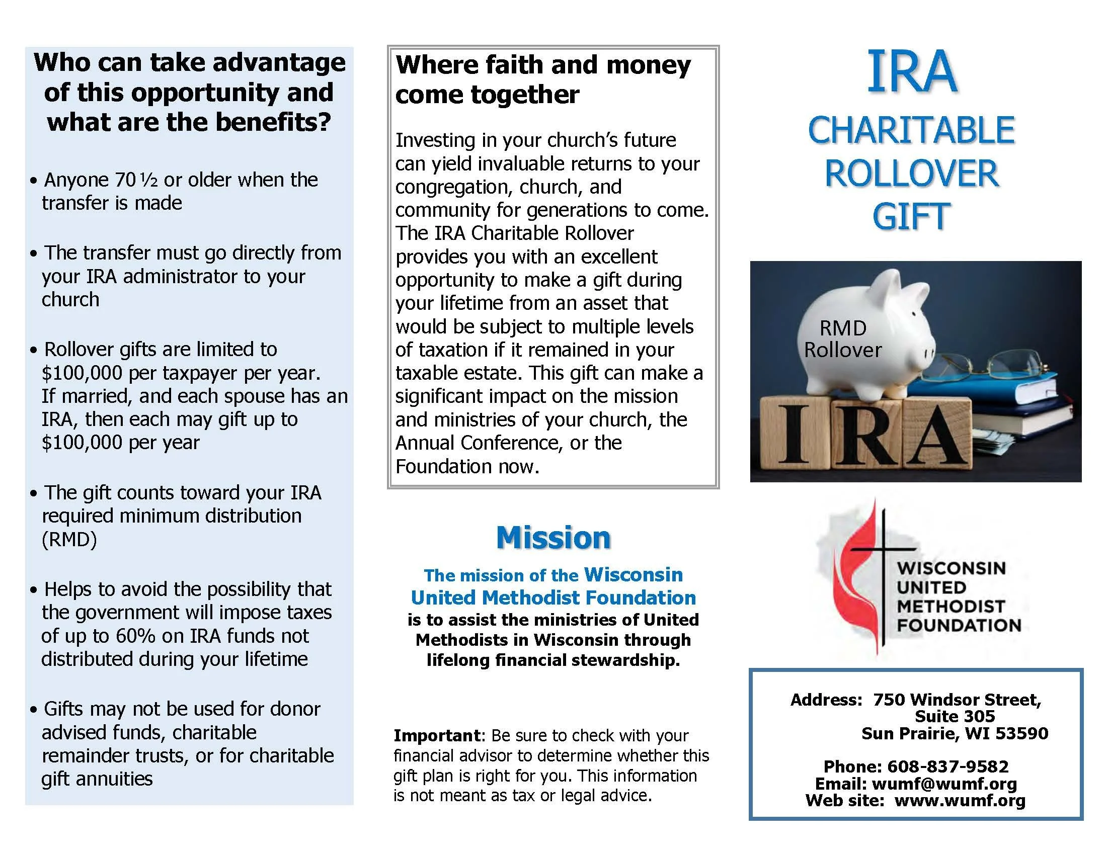 Flyer promoting IRA charitable rollover gift with a piggy bank on top of blocks spelling 'IRA', office supplies, and a logo of the Wisconsin United Methodist Foundation.