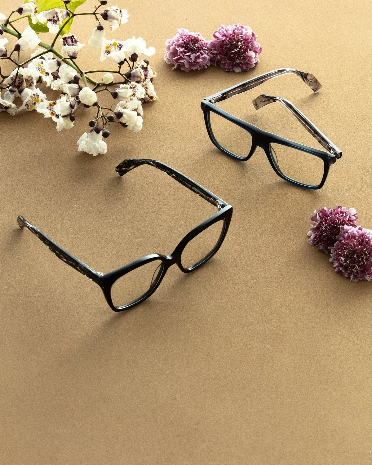 Eyewear still life: two black optical frames with carnations on beige