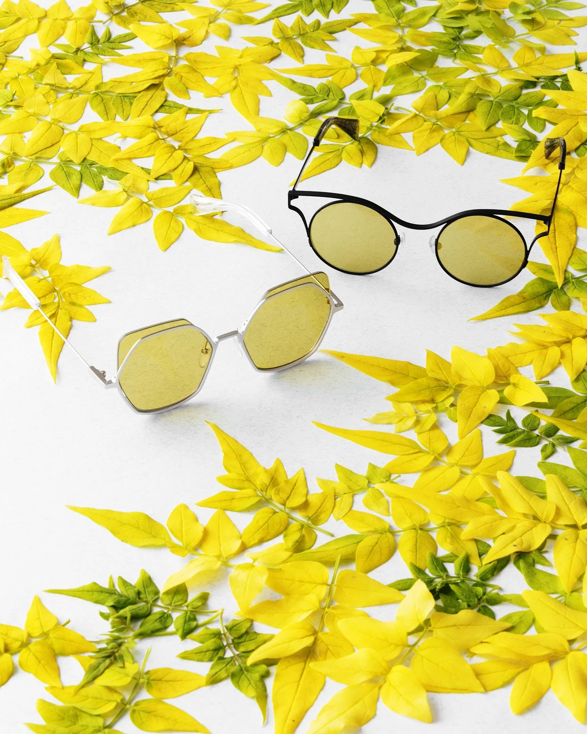 Eyewear still life: yellow-tinted sunglasses among yellow and green leaves