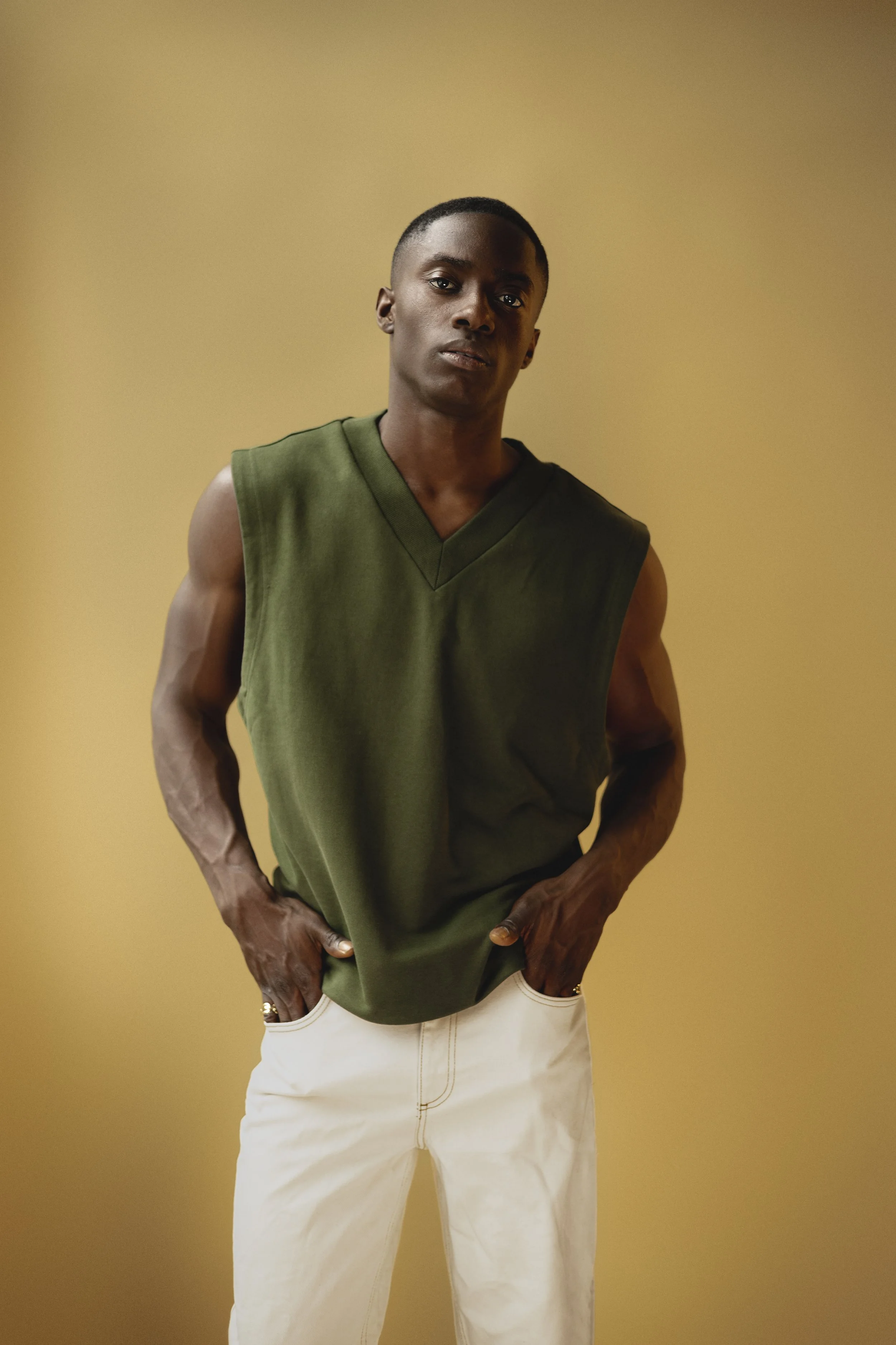 Model test: portrait in a sleeveless green shirt