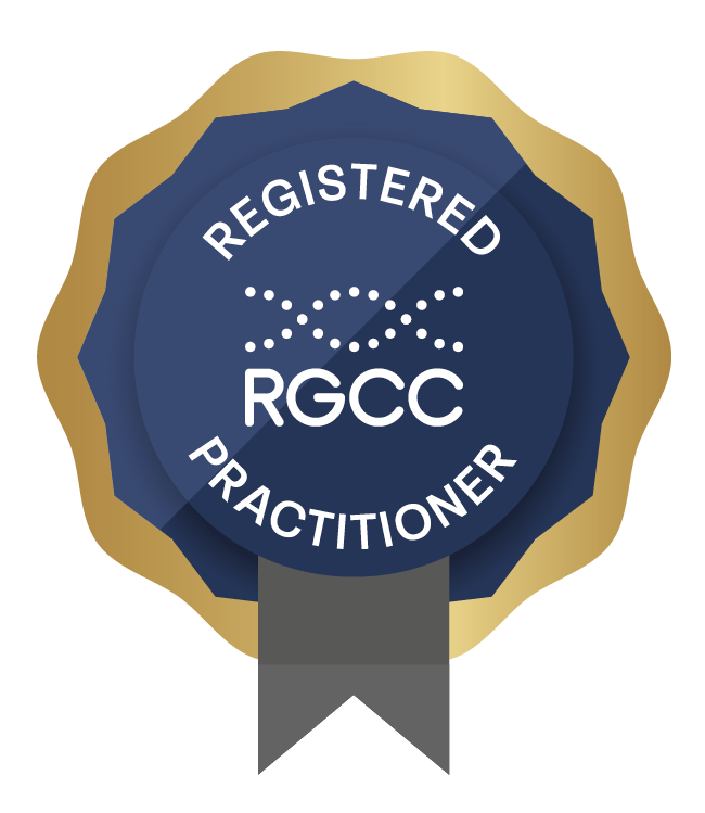 A blue registered practitioner badge with white text, displaying the letters RGCC in the center and the words 'Registered Practitioner' around the top and bottom.