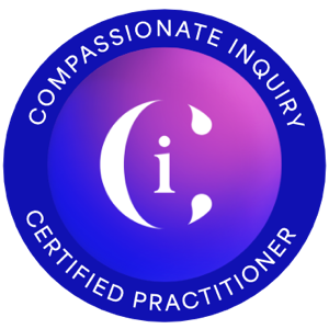 A circular badge with a purple and blue gradient background, containing a white lowercase 'i' in the center. The outer ring reads 'Compassionate Inquiry Certified Practitioner.'