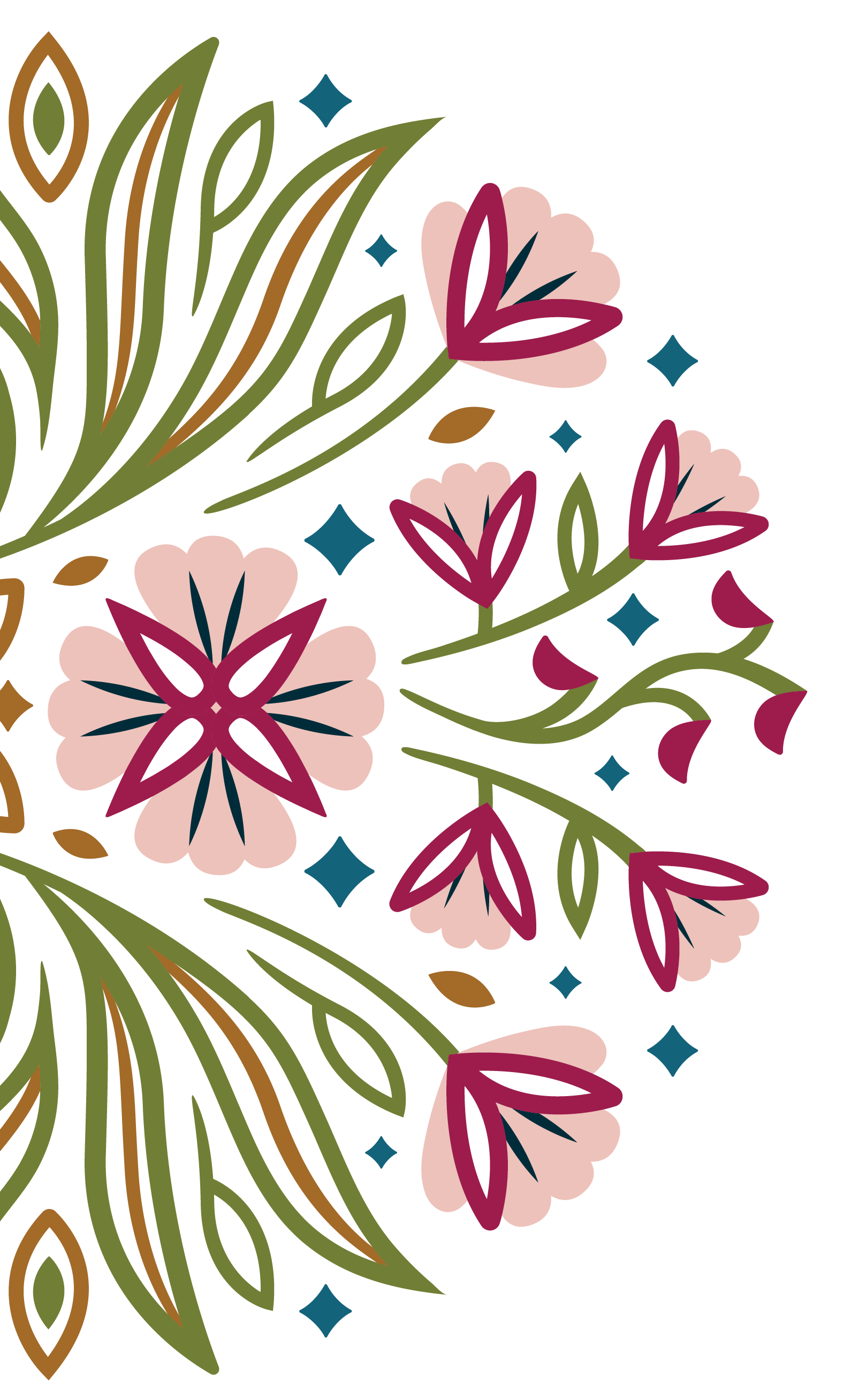 Colorful floral pattern with pink, burgundy, and green leaves and flowers, accented with small blue diamond shapes on a black background.
