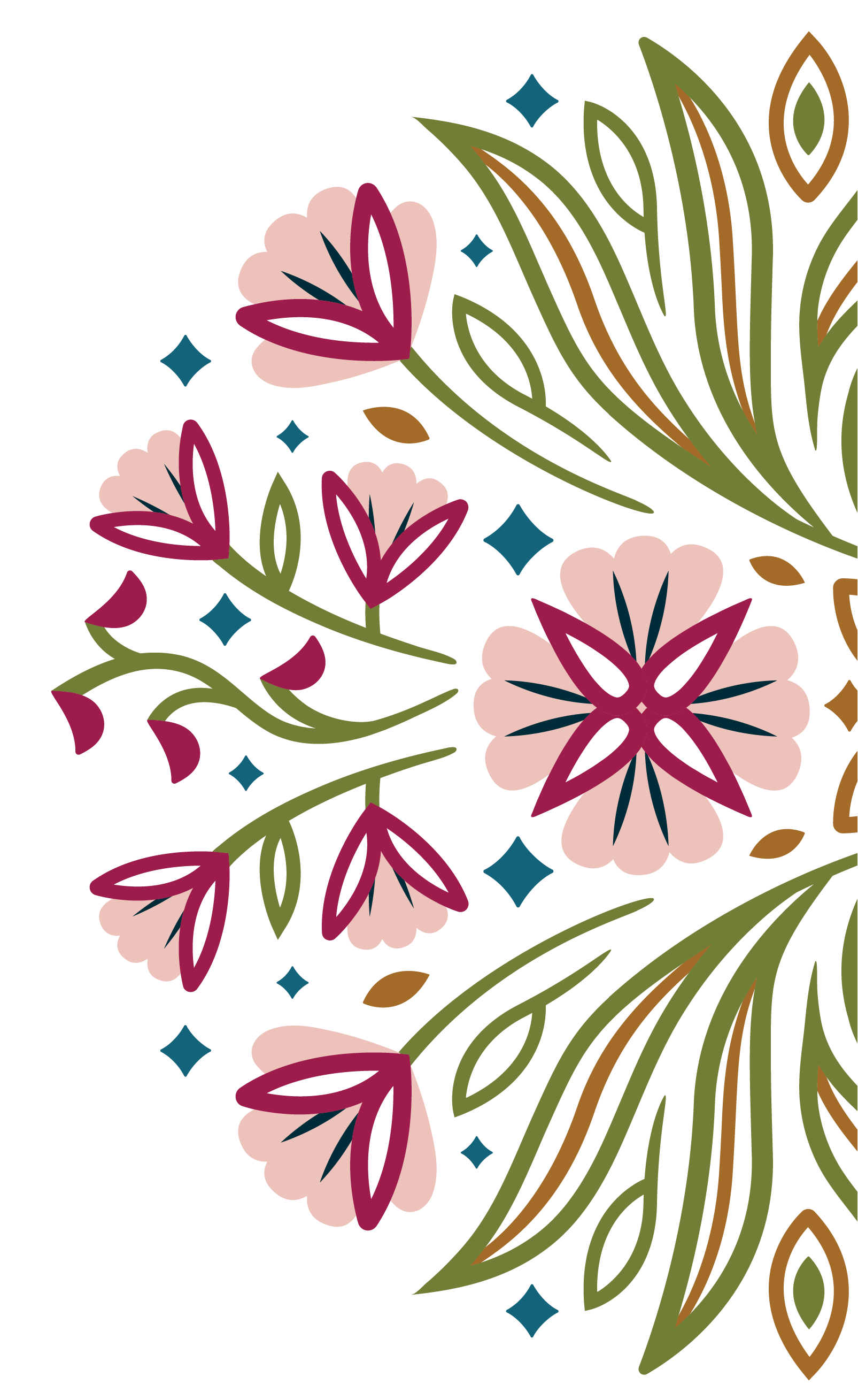 Colorful floral pattern with pink, purple, green, blue, and brown elements on a black background.
