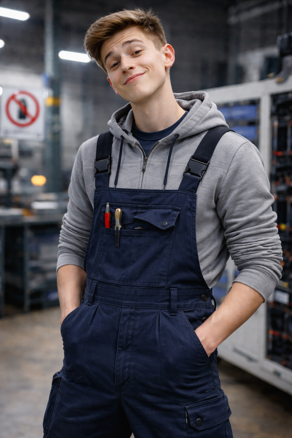 Mechaniker arbeitet unter einem aufgebockten Auto in einer Werkstatt.