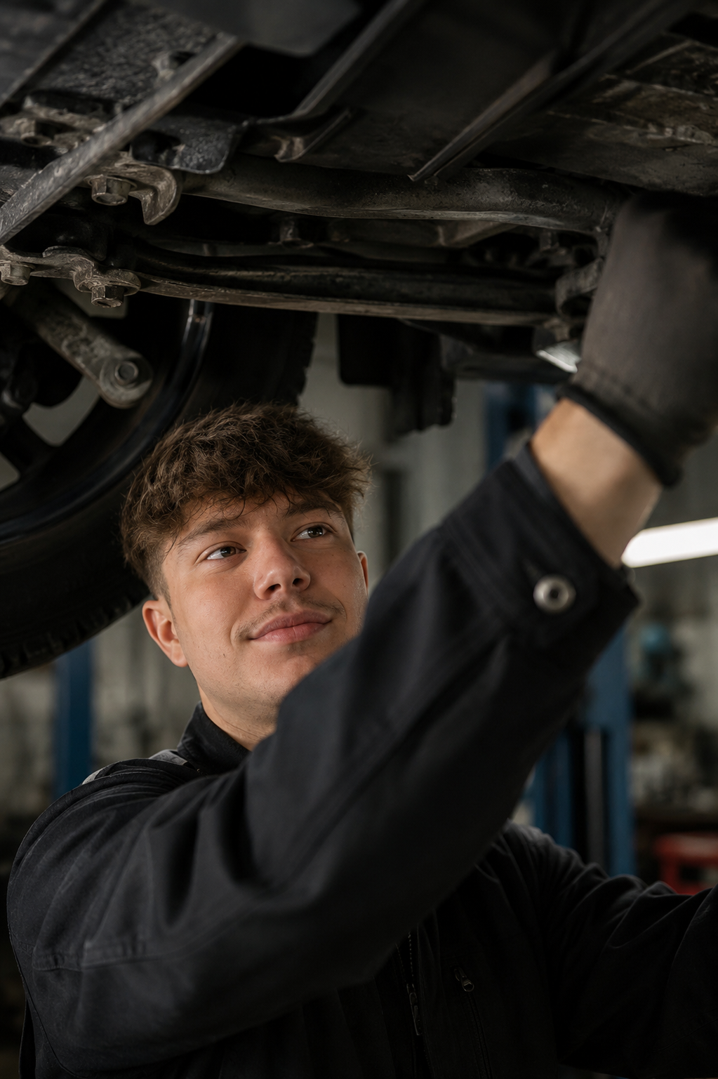 Ein Mechaniker arbeitet unter einem Auto, das auf einer Hebebühne im Autohaus oder in einer Werkstatt angehoben ist. Der Blick ist nach oben gerichtet, während er das Fahrzeug inspiziert oder repariert.