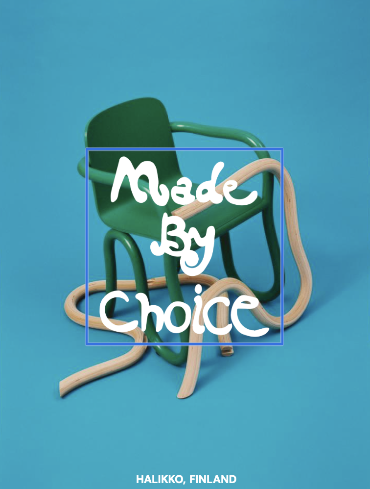 A green plastic chair with a beige plastic woven seat and backrest, and a bent wooden piece on top, all set against a blue background, with the text 'Made By Choice' overlayed.