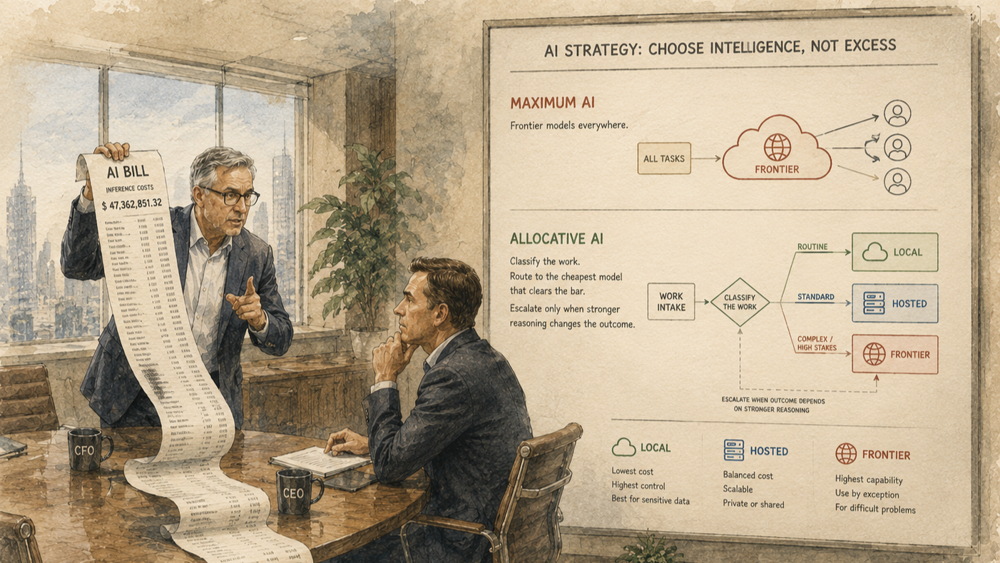A CFO, CIO, and CISO reviewing enterprise AI workflows, model tiers, exposure boundaries, and inference cost per completed workflow.