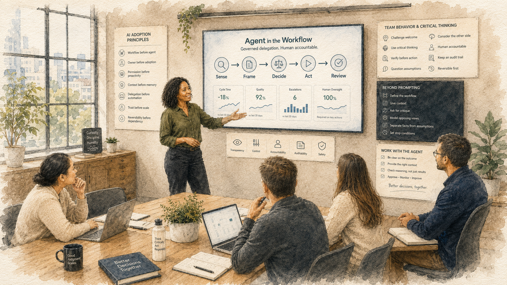 Watercolor-style illustration of a team meeting around an AI workflow screen, with governance, critical thinking, and “beyond prompting” guidance shown on wall boards in a bright modern office.
