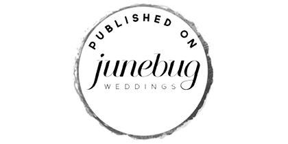 Circular logo with the text 'PUBLISHED ON' at the top and 'WEDDINGS' at the bottom, featuring the word 'junebug' in a cursive font at the center.