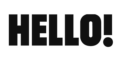 The word 'HELLO!' in bold black letters on a white background.