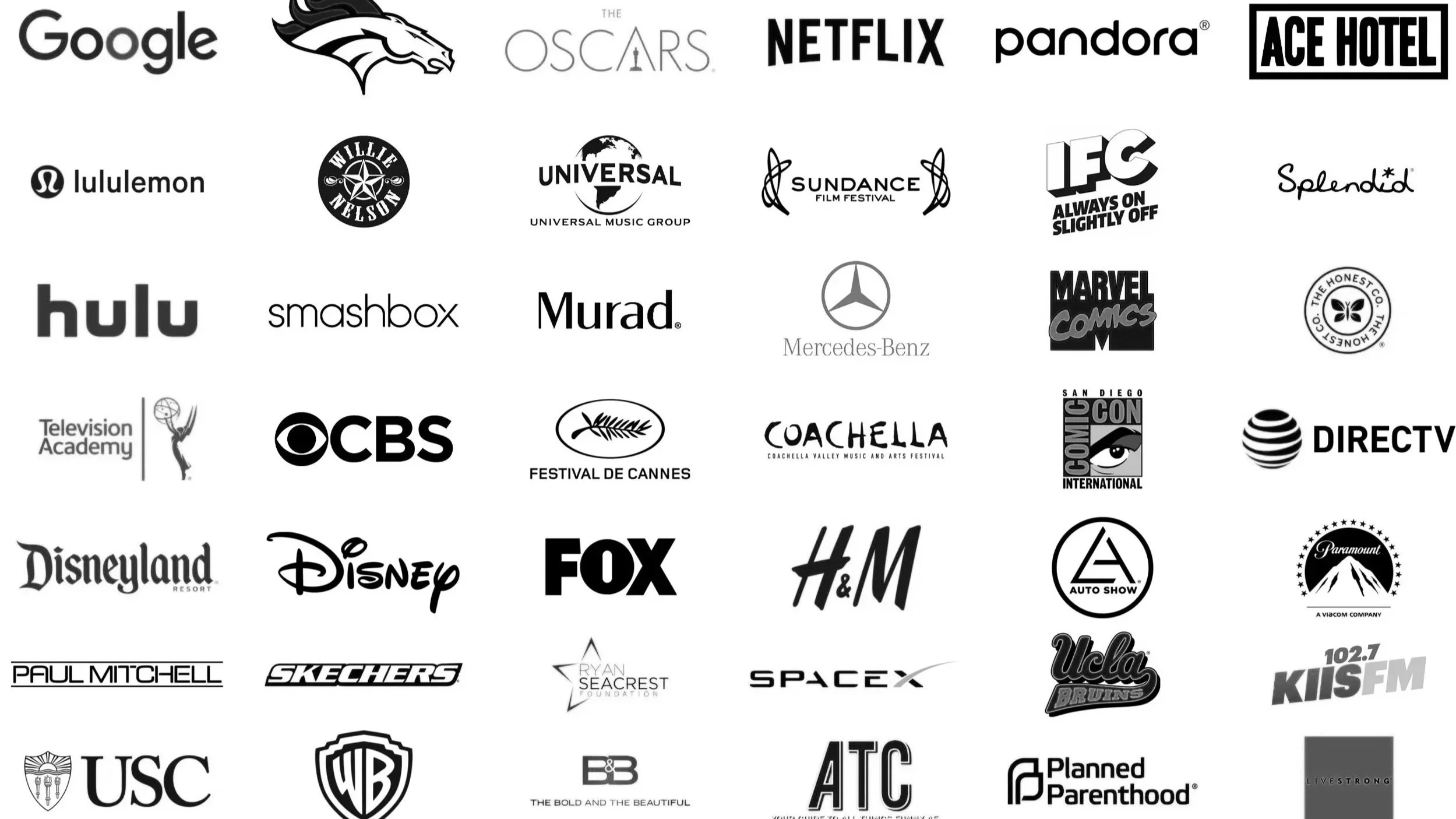 A collection of various entertainment, corporate, and festival logos in black and white, arranged in a grid format.