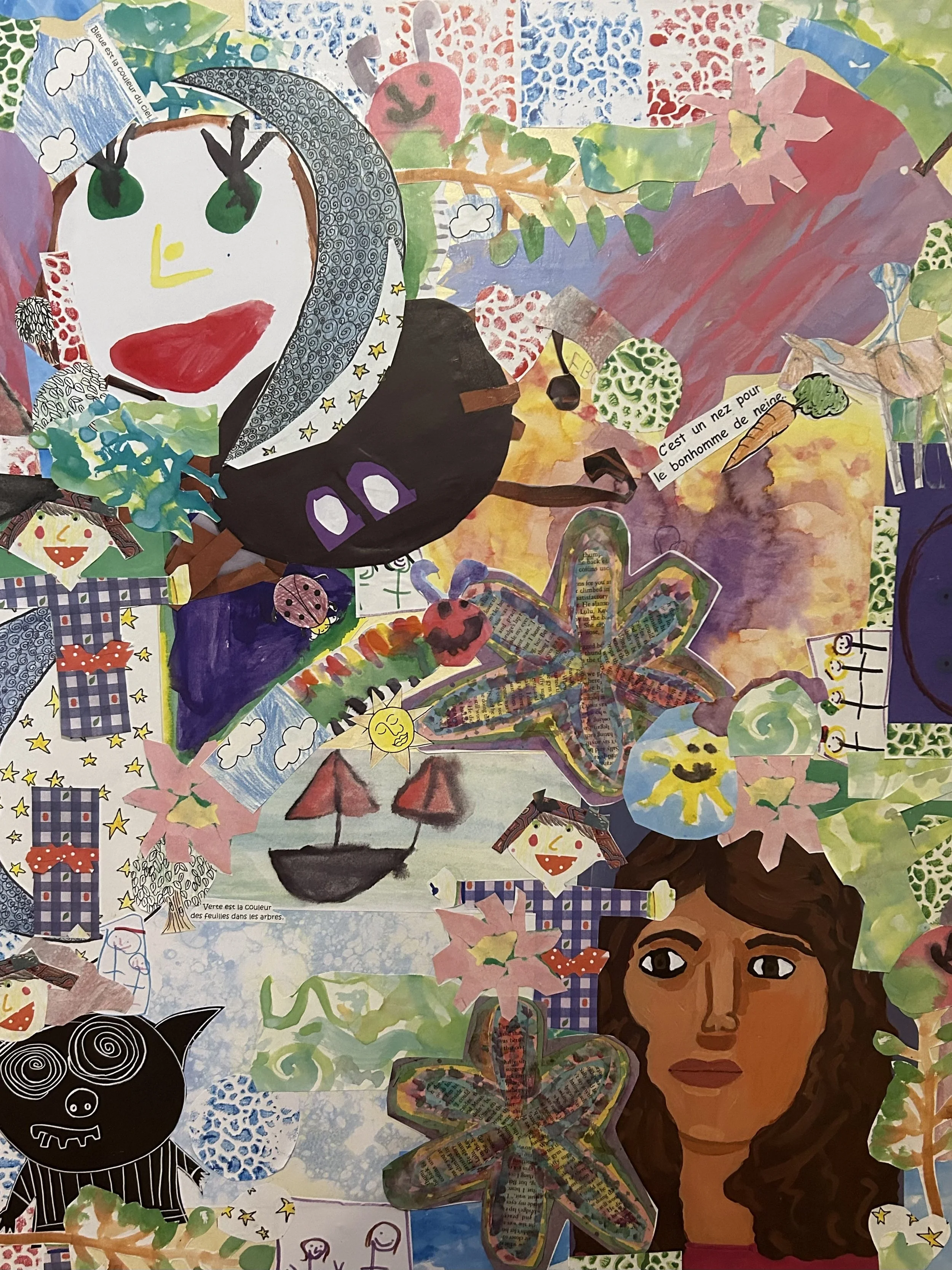 Colorful collage featuring a drawing of a woman with brown hair, various cut-out paper shapes, and painted elements. Includes flowers, a small boat, smiling faces, and French text.