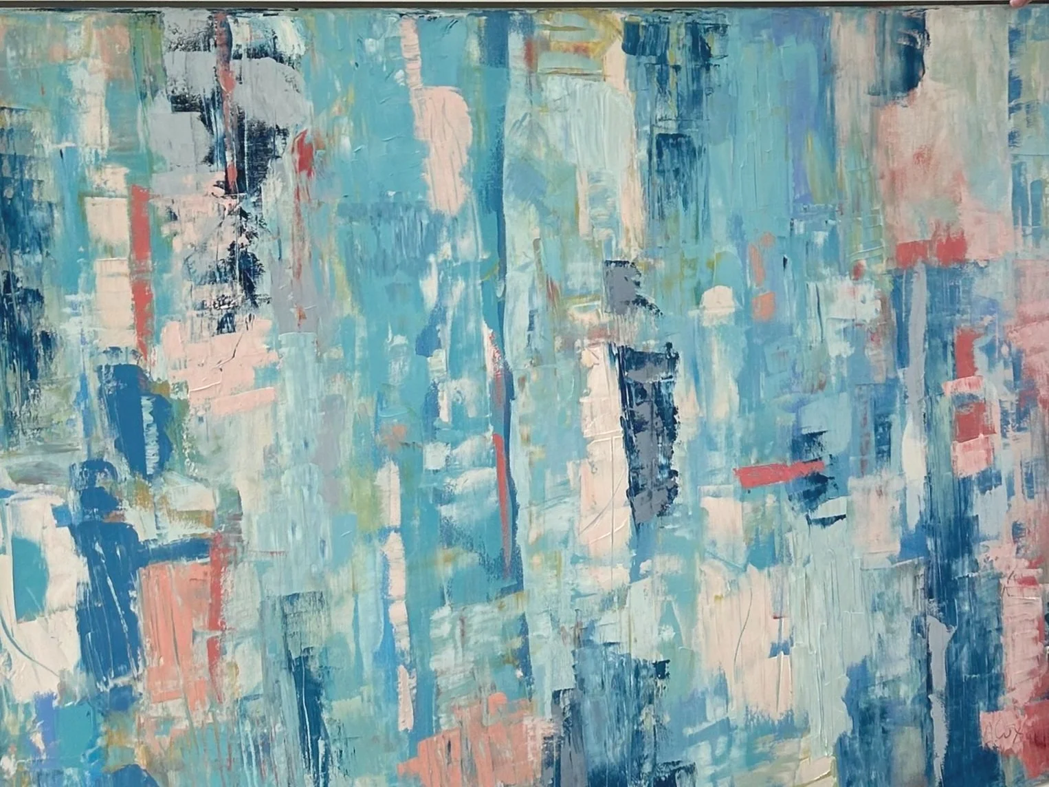 Abstract painting with blue, pink, white, and black brushstrokes.