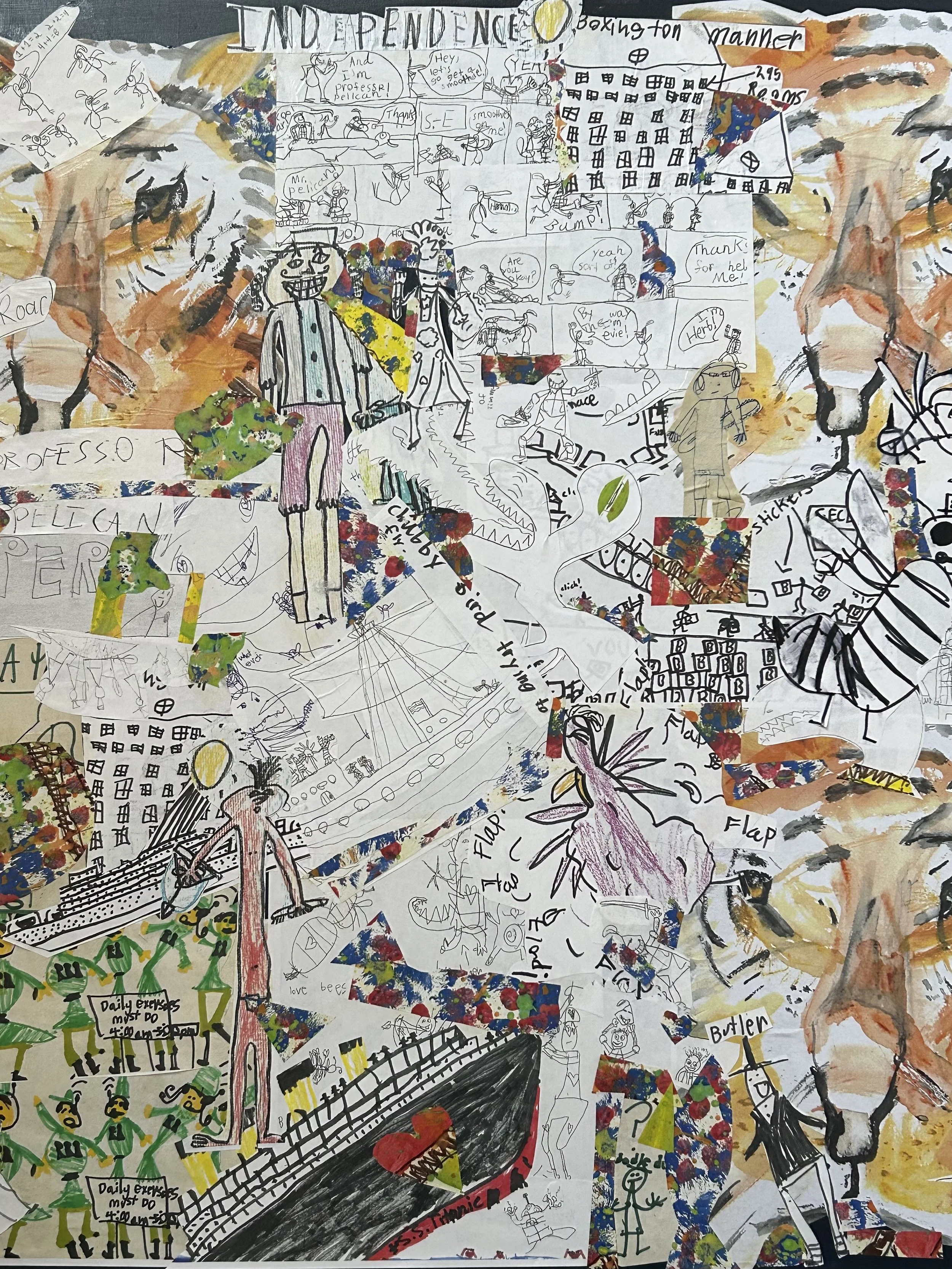 Collage of sketches, doodles, and colorful patches depicting scenes of independence, protests, and various characters.