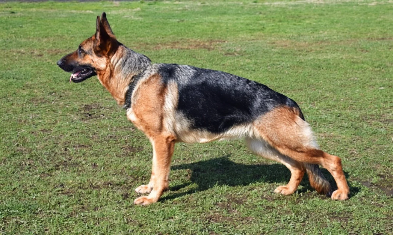German Shepherd with hip dysplasia showing hind limb weakness and altered stance outdoors