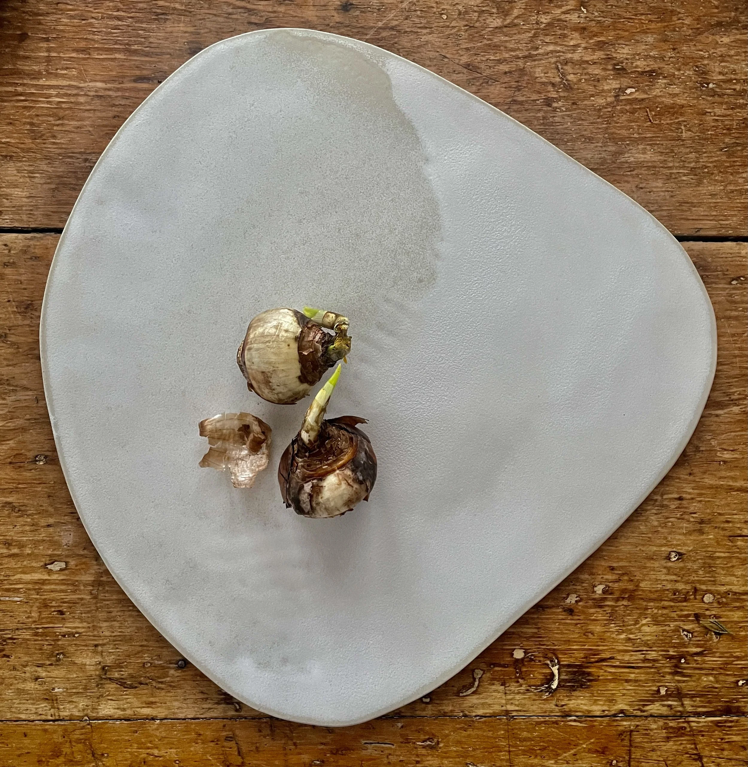 Lg platter, hand-built, matte white glaze, 17 in x 17 in
$300