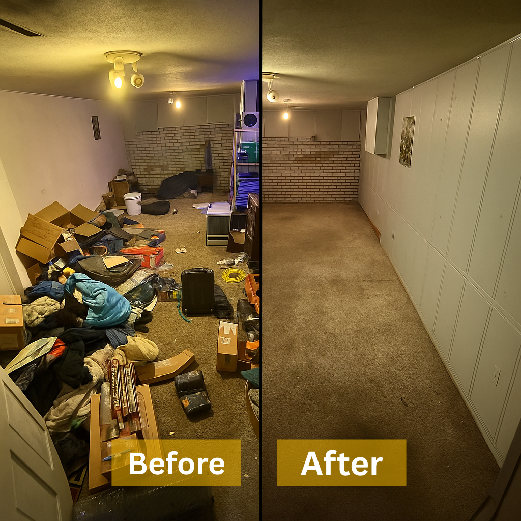 Cluttered basement with boxes, furniture, and bagged items before residential junk removal service in London Ontario