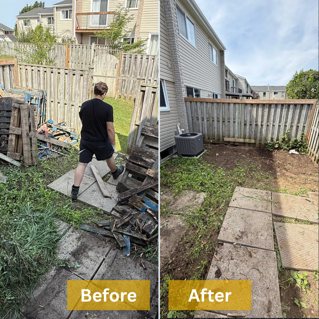 Home renovation debris including drywall and flooring piled for removal in London Ontario