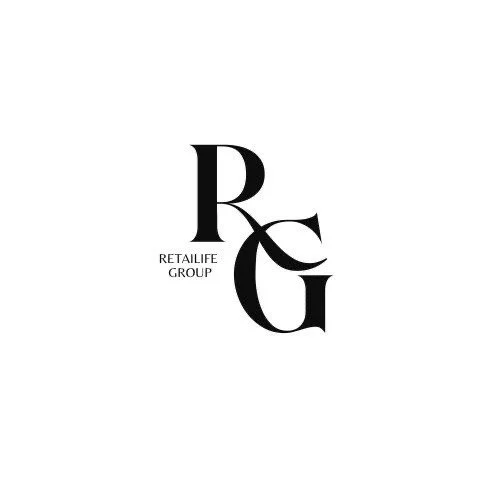 Logo of Retailife Group with stylized letters "R" and "G" intertwined, in black.